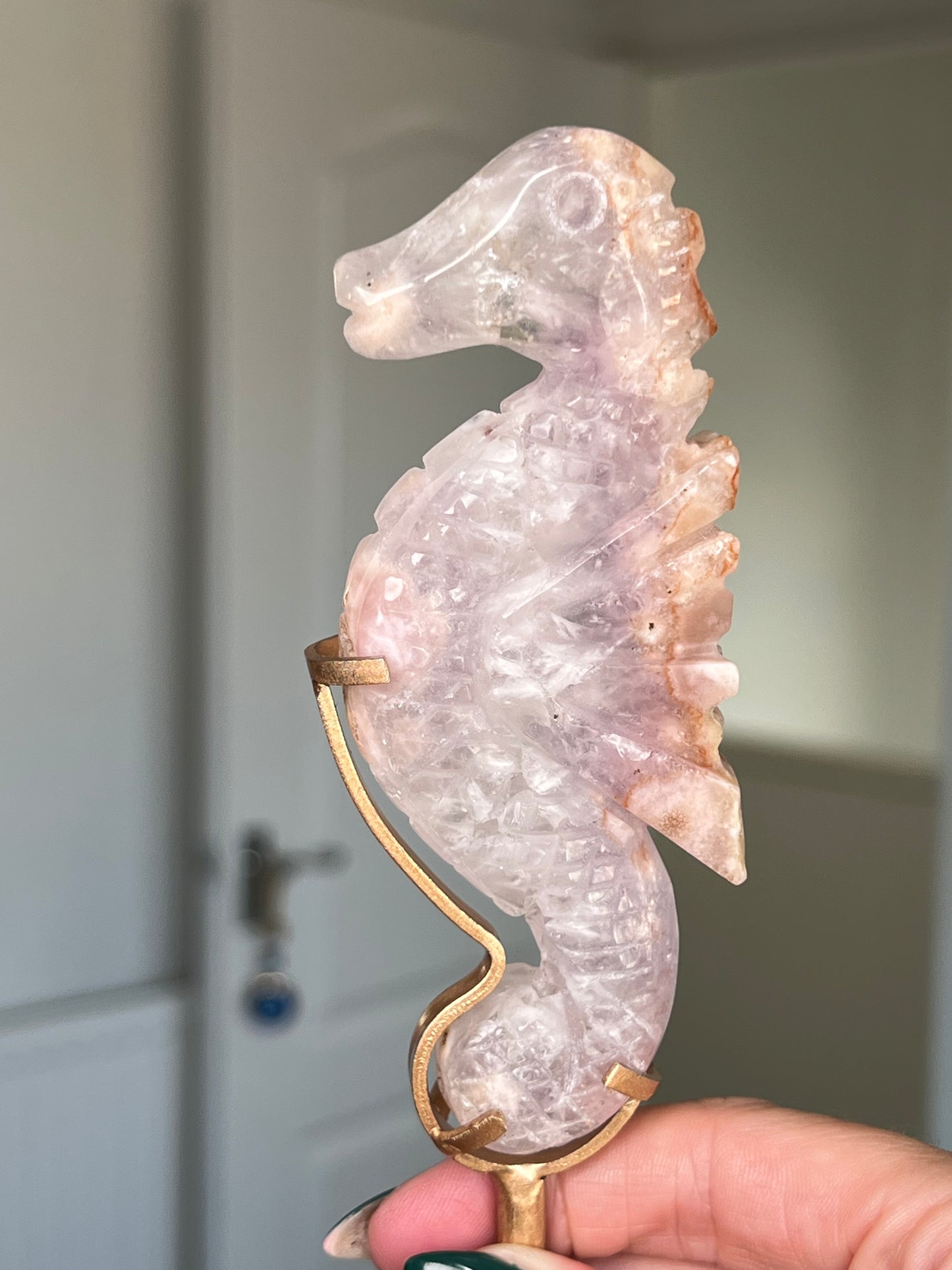 Flower Agate Seahorse On Gold Stand