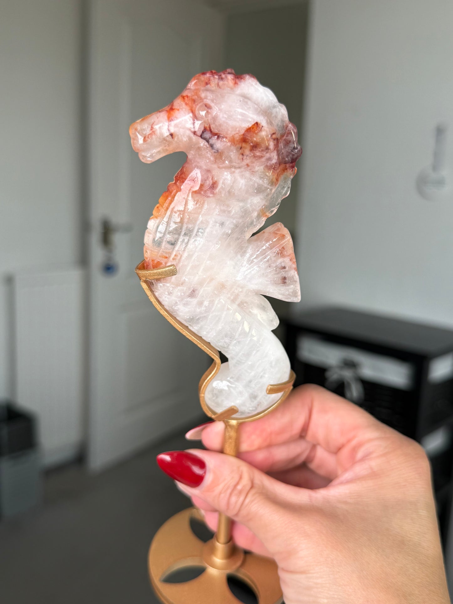 Fire Quartz Seahorse On Gold Stand