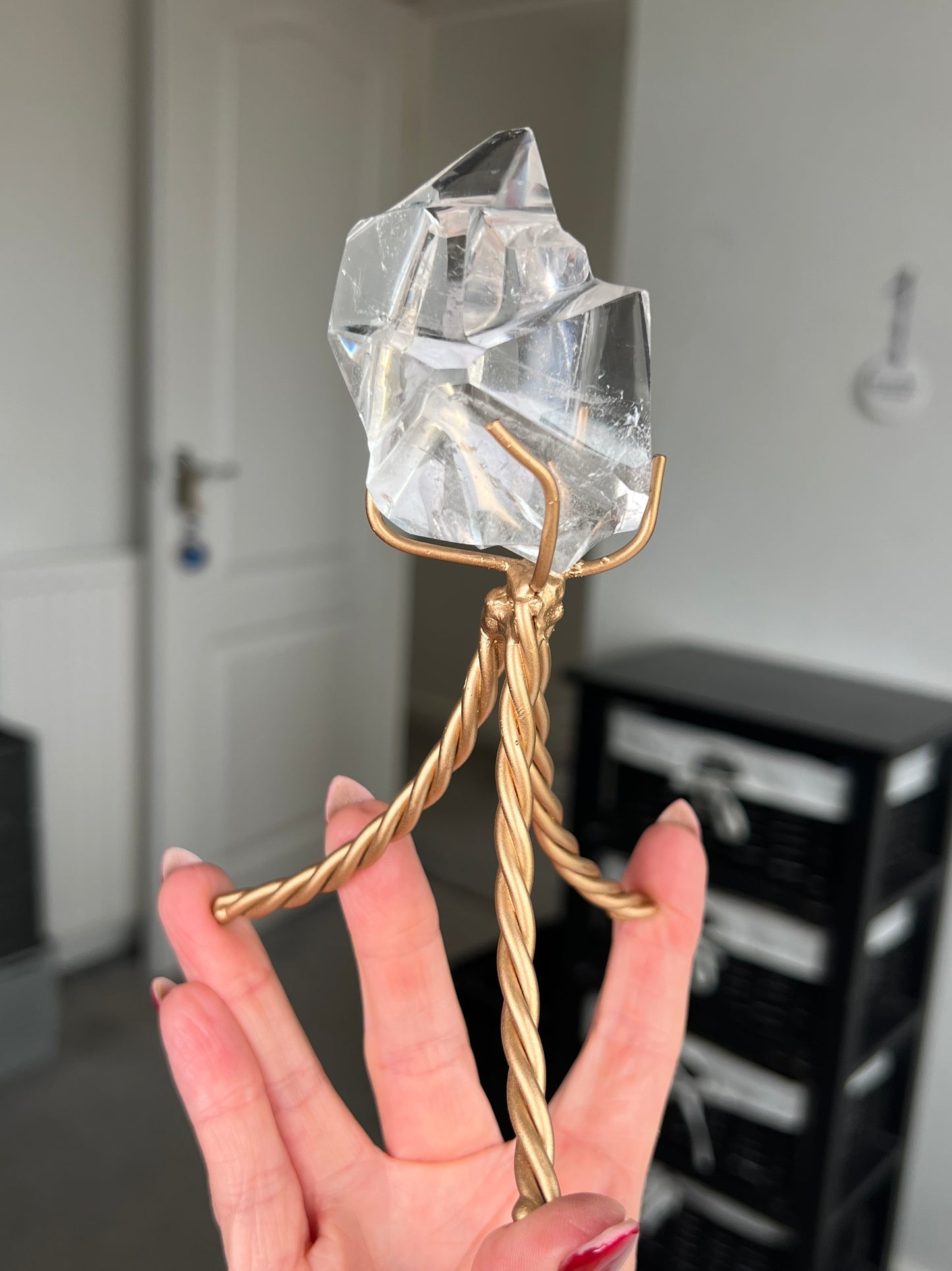 High Grade Brazilian Clear Quartz Sculpture On Gold Twisty Stand