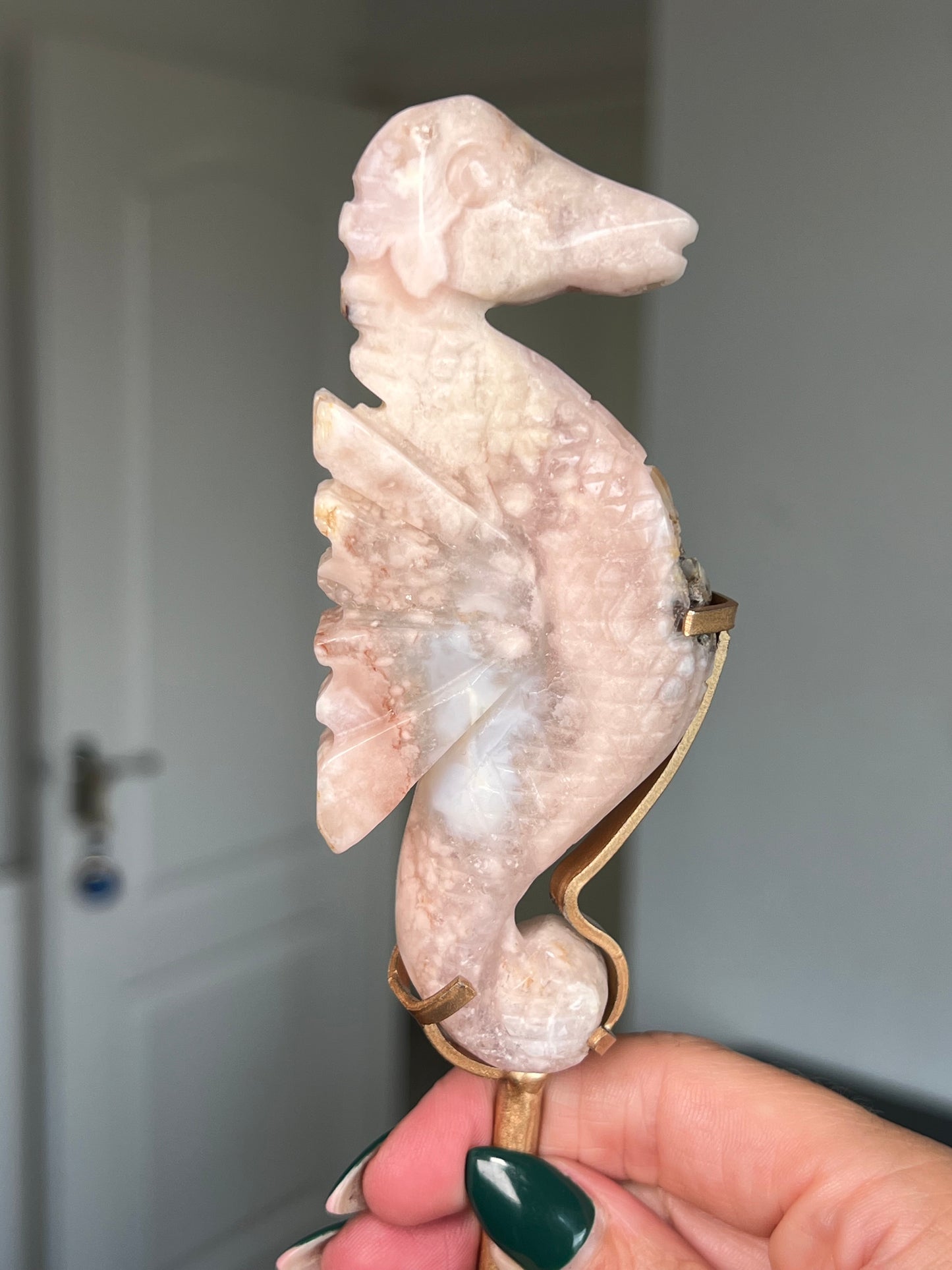 Flower Agate Seahorse On Gold Stand