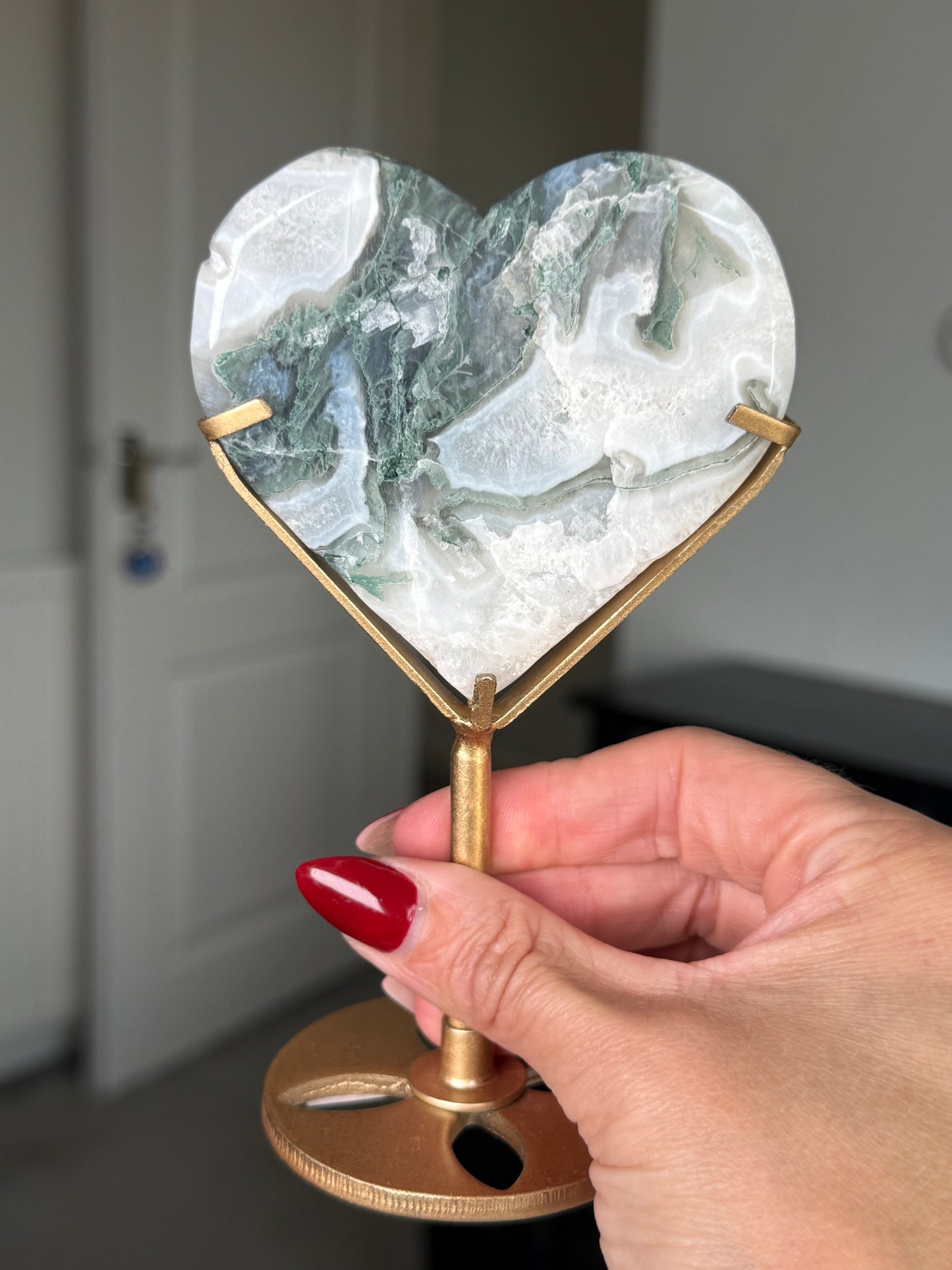 Moss Agate Heart On Gold Stand