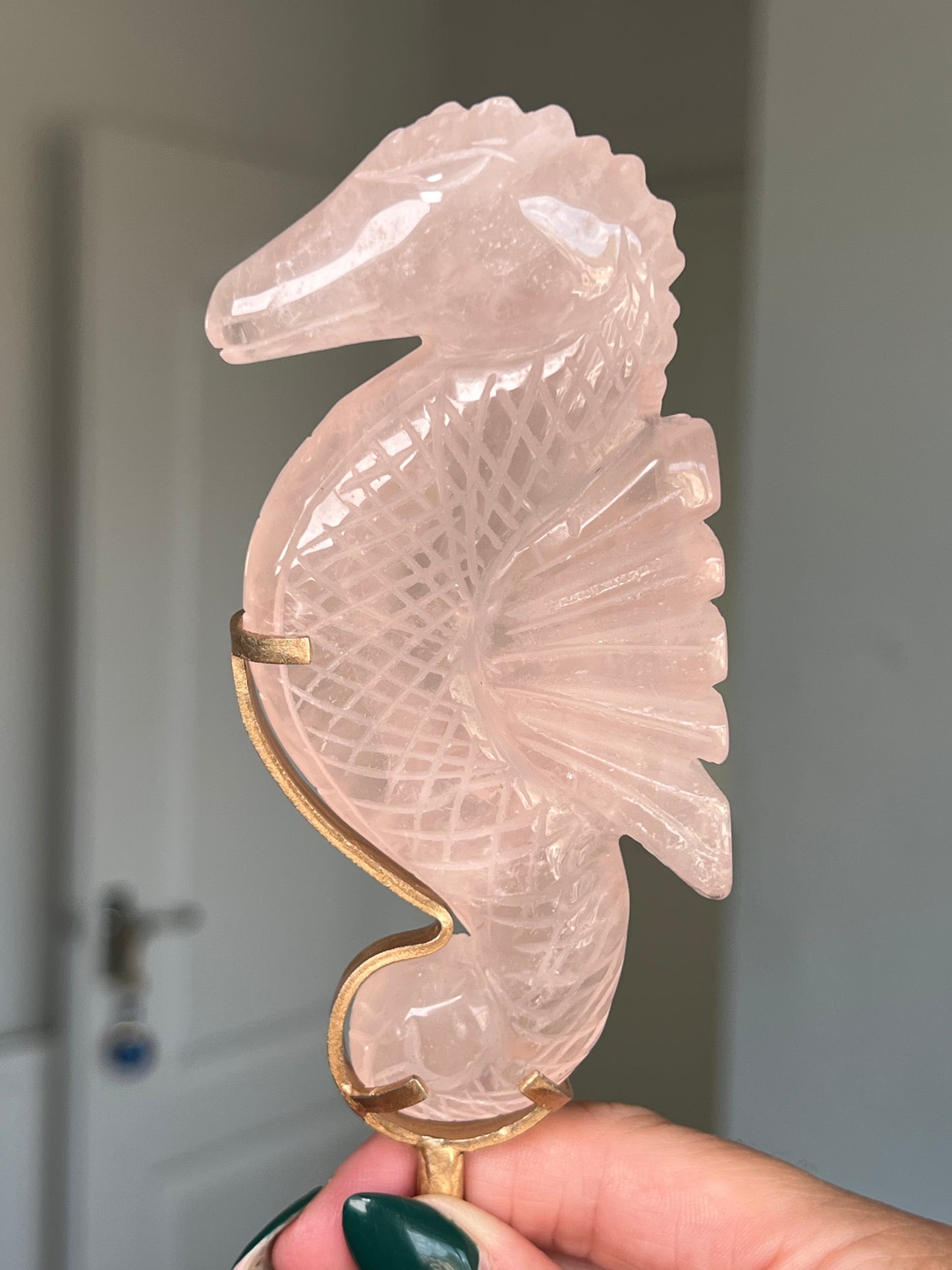 Rose Quartz Seahorse On Gold Stand