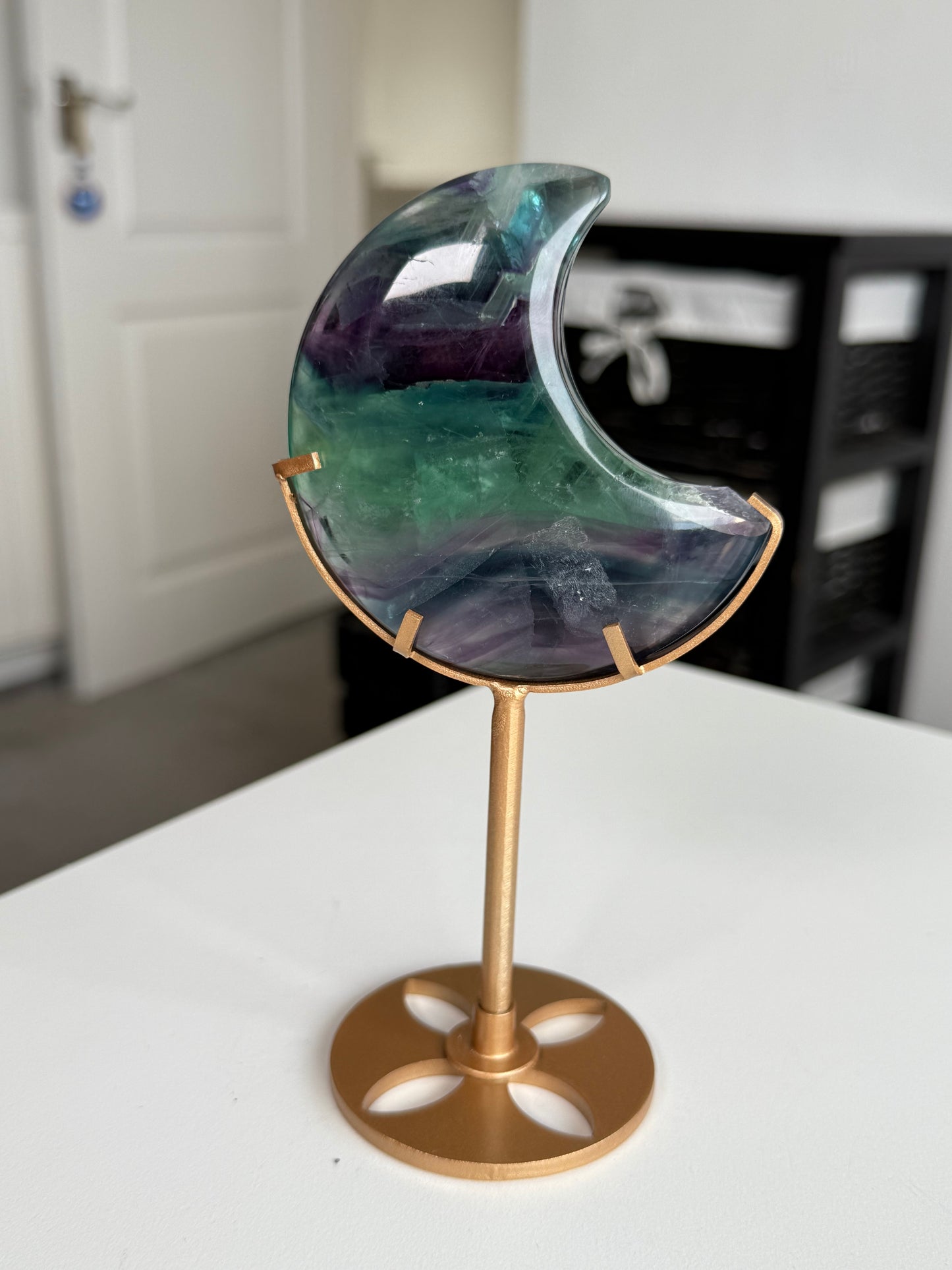 Imperfect Fluorite Moon On Gold Stand