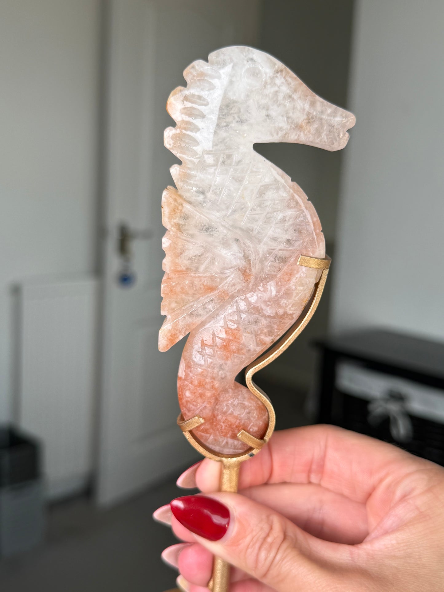 Flower Agate Seahorse On Gold Stand