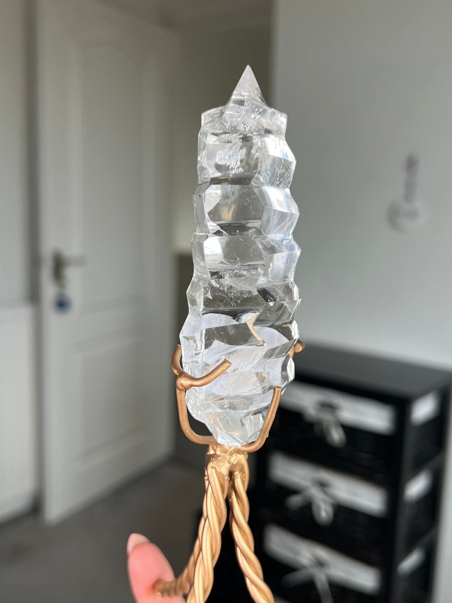 High Grade Brazilian Clear Quartz Sculpture On Gold Twisty Stand
