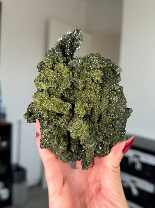 Large Epidote With Quartz Specimen With Stand