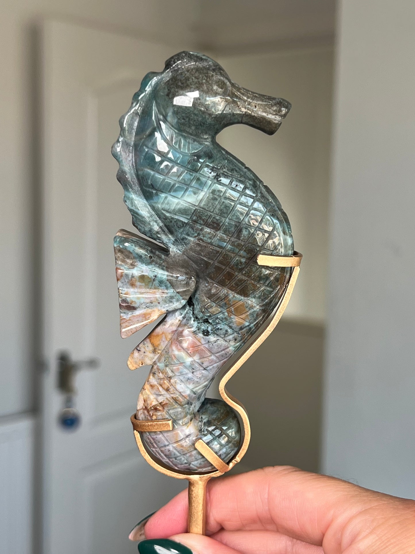 Ocean Jasper Seahorse On Gold Stand