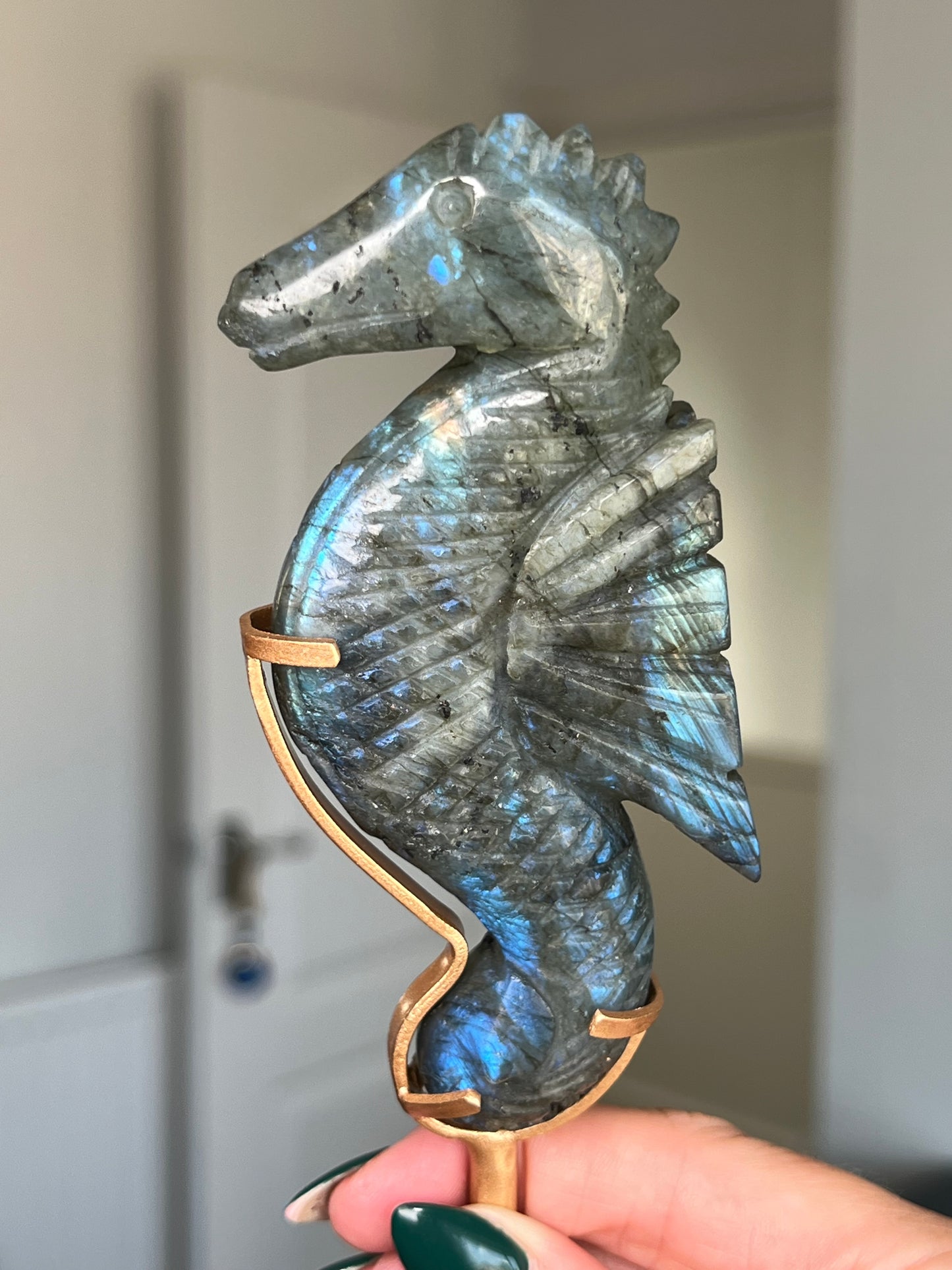 Labradorite Seahorse On Gold Stand