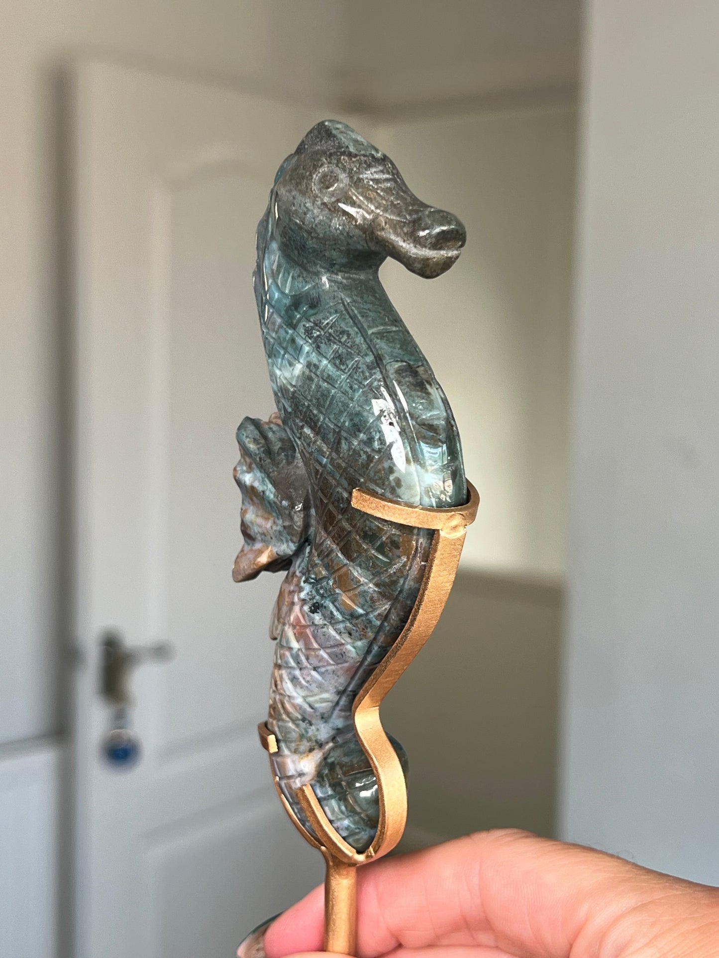 Ocean Jasper Seahorse On Gold Stand