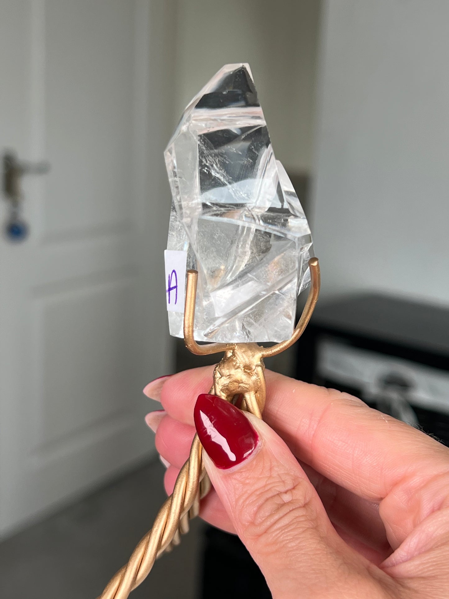 High Grade Brazilian Clear Quartz Sculpture On Gold Twisty Stand