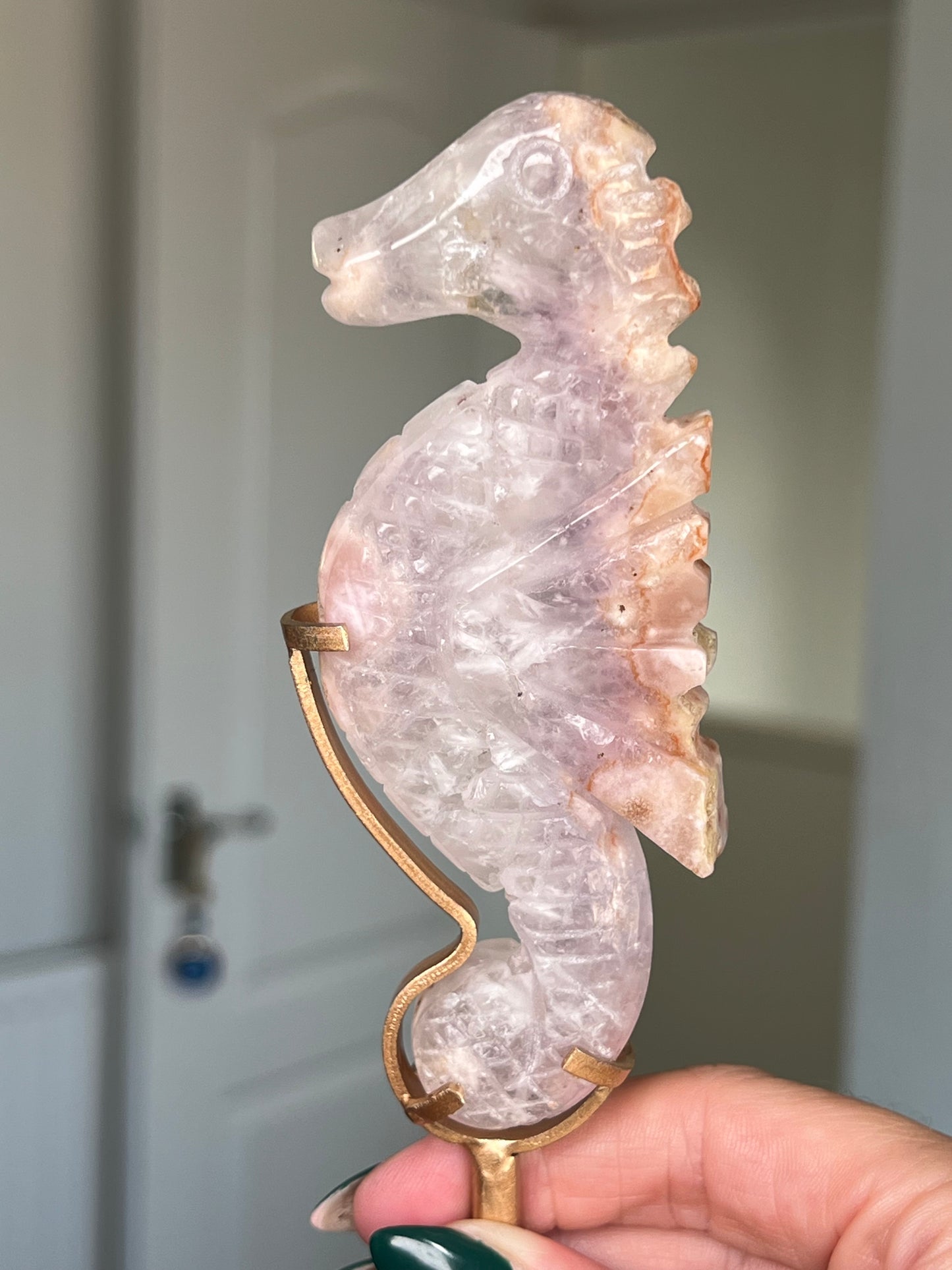 Flower Agate Seahorse On Gold Stand