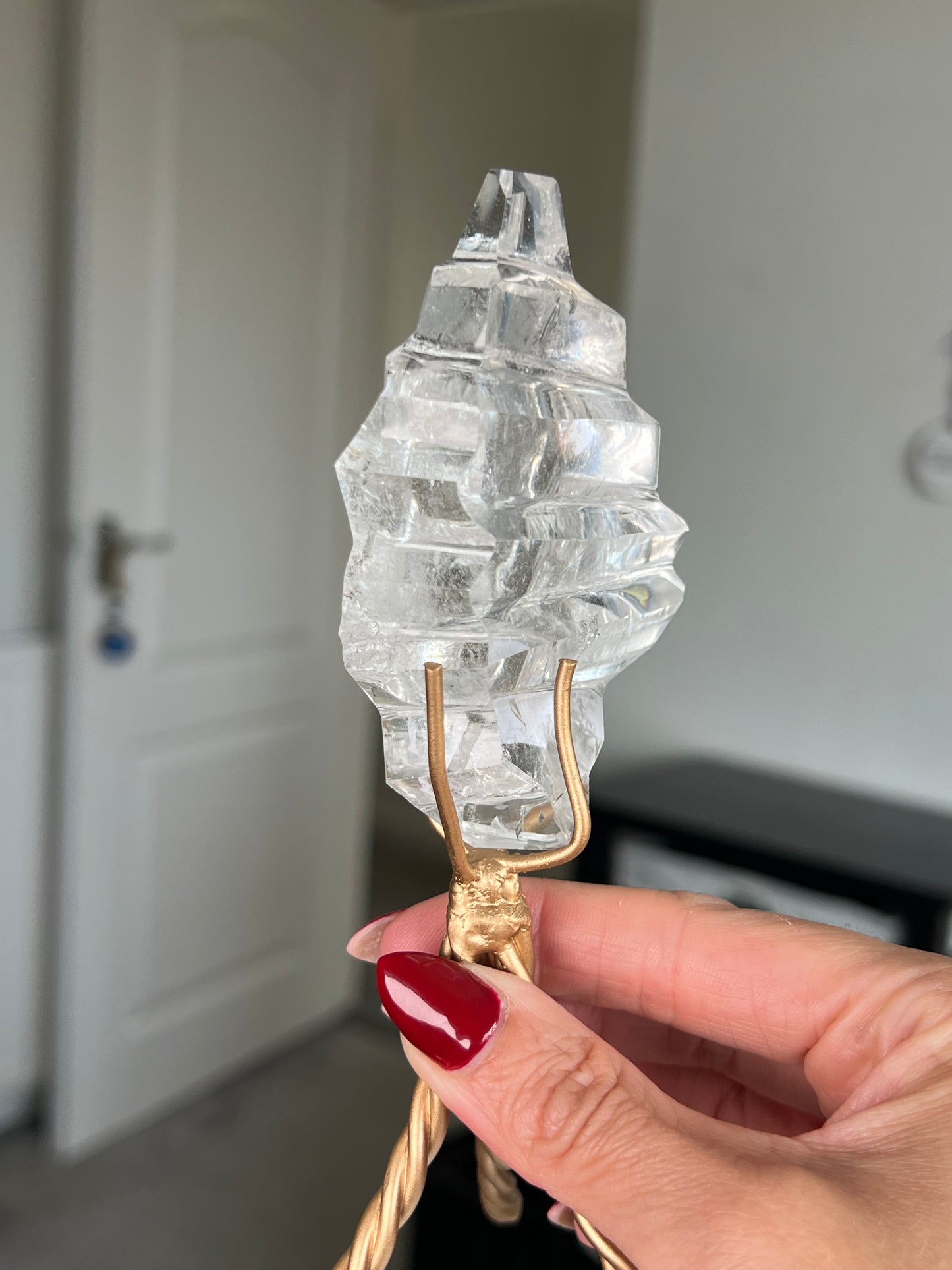 High Grade Brazilian Clear Quartz Sculpture On Gold Twisty Stand