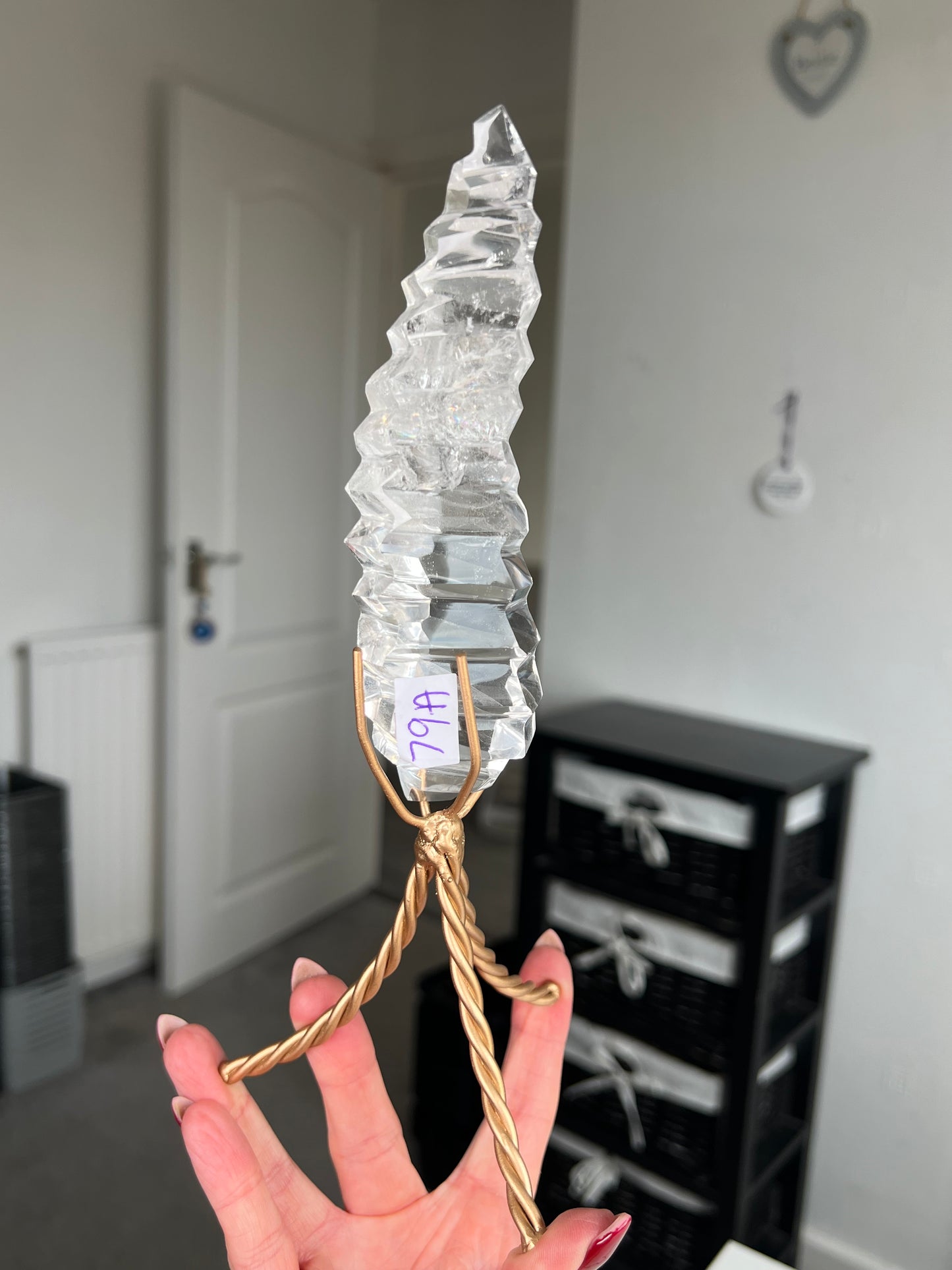 High Grade Brazilian Clear Quartz Sculpture On Gold Twisty Stand