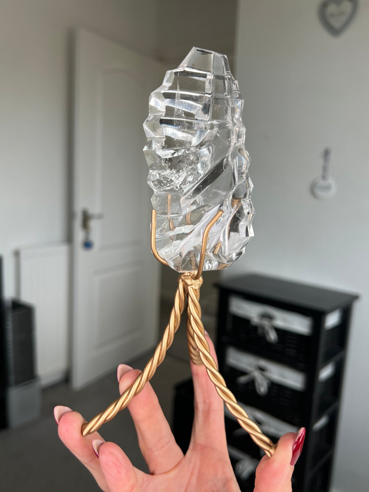 High Grade Brazilian Clear Quartz Sculpture On Gold Twisty Stand