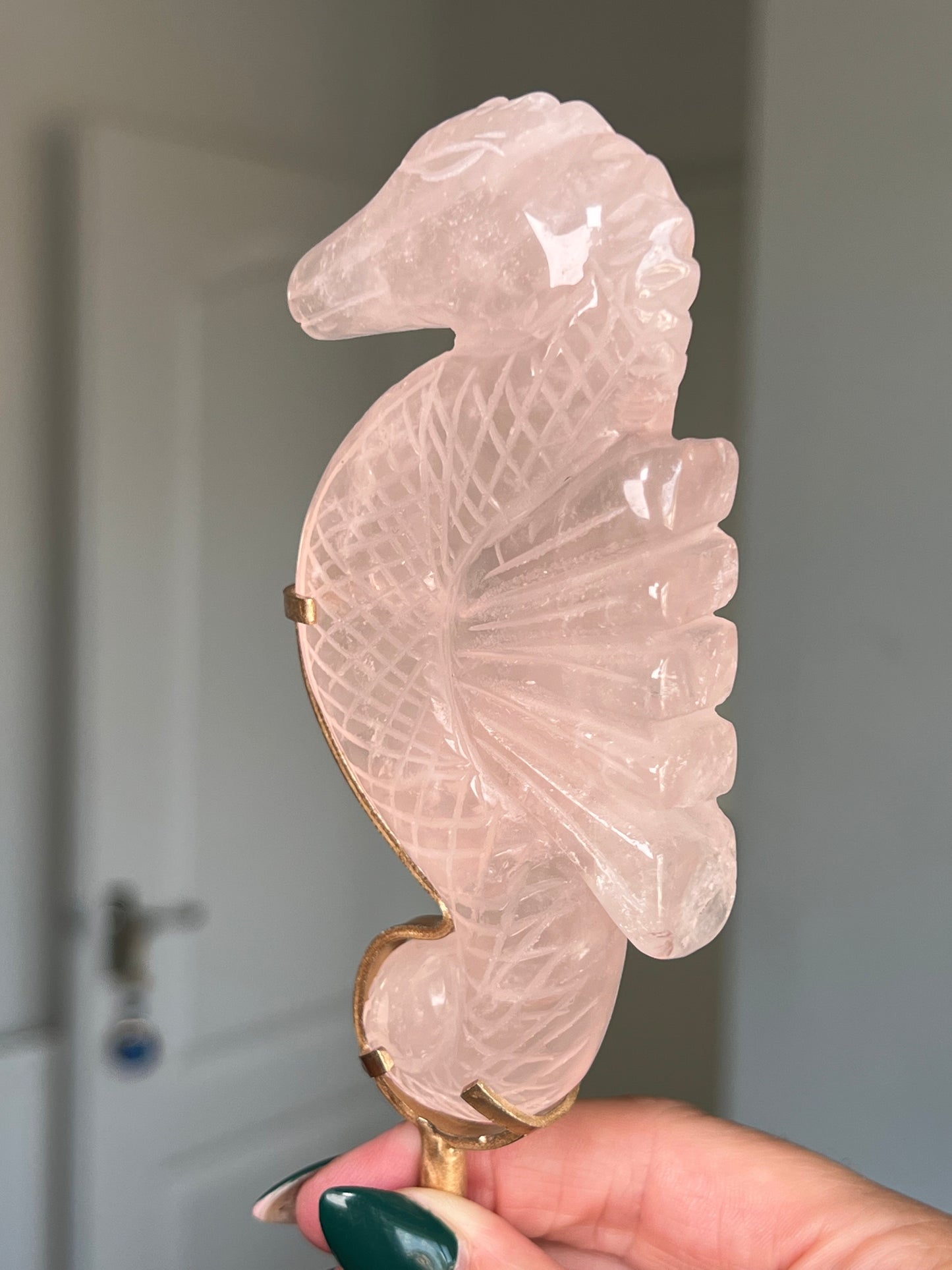 Rose Quartz Seahorse On Gold Stand