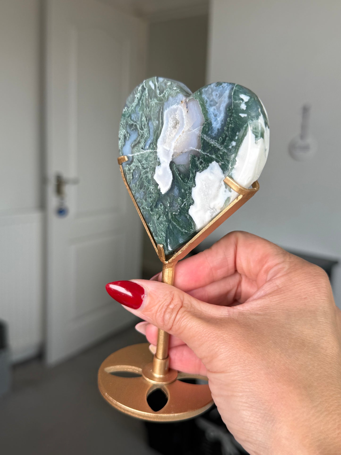 Moss Agate Heart On Gold Stand