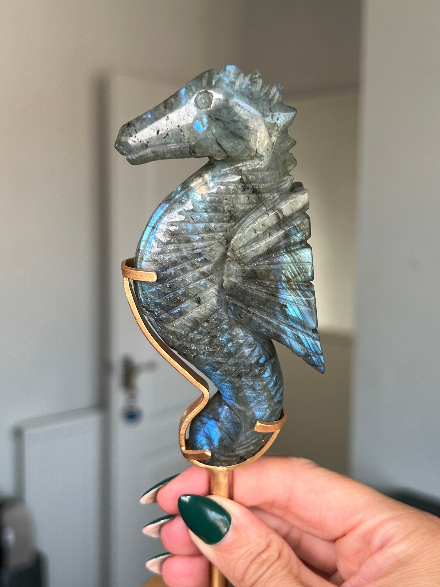Labradorite Seahorse On Gold Stand
