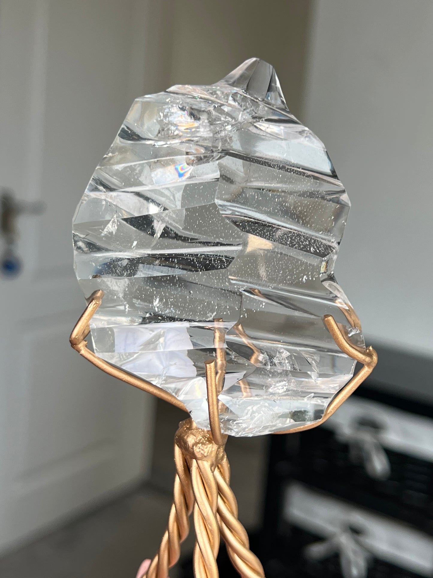 High Grade Brazilian Clear Quartz Sculpture On Gold Twisty Stand