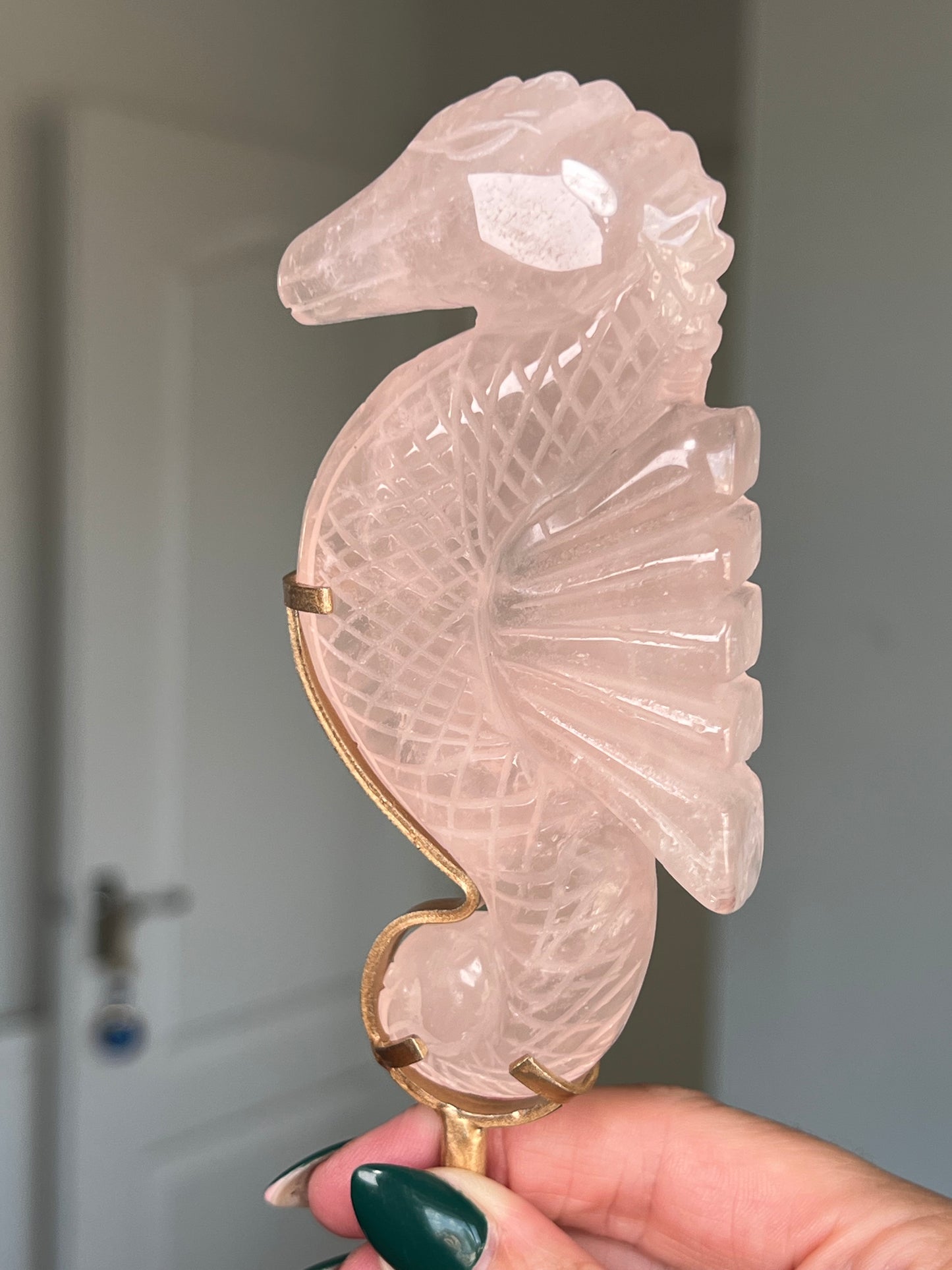 Rose Quartz Seahorse On Gold Stand