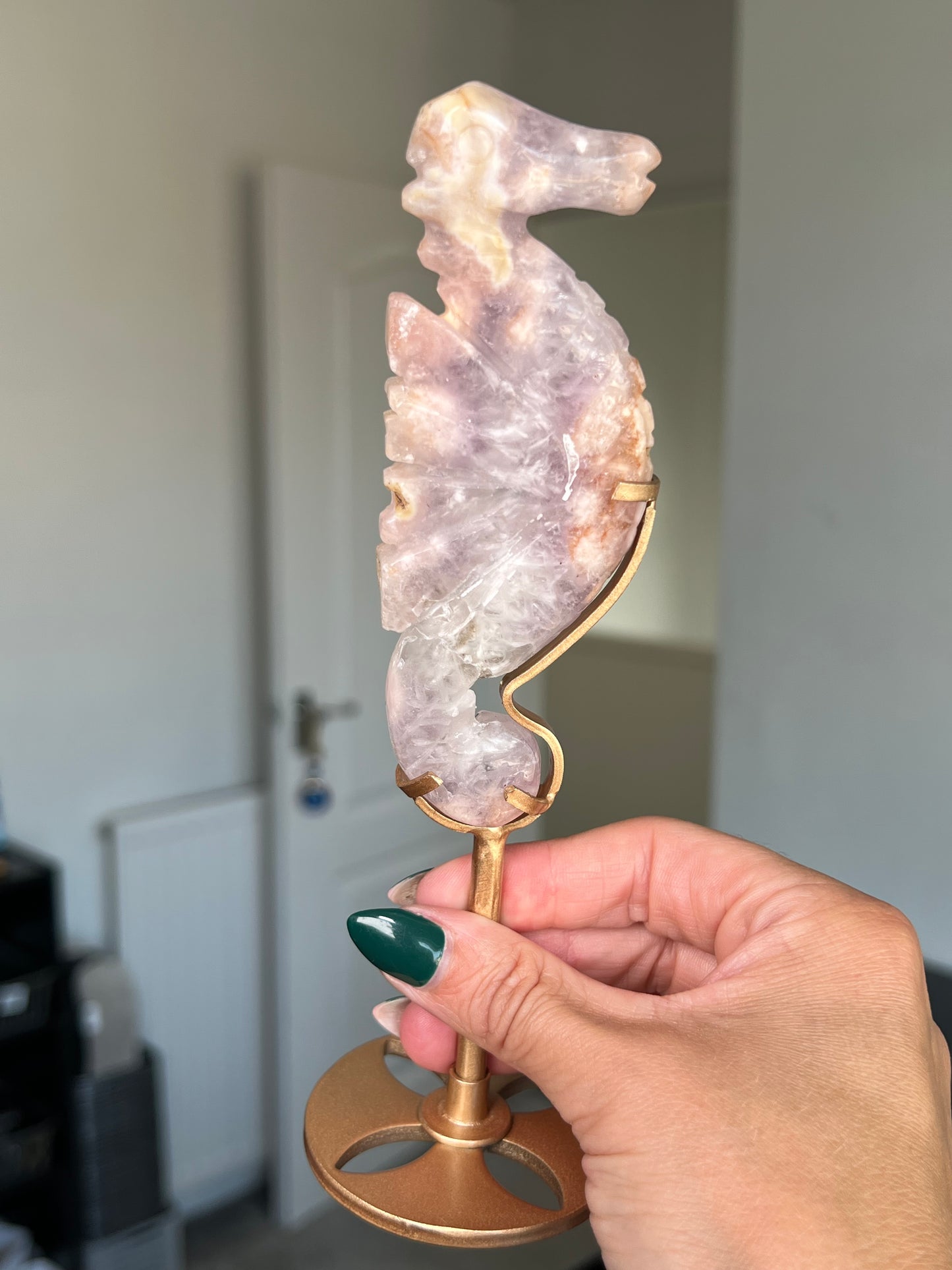 Flower Agate Seahorse On Gold Stand