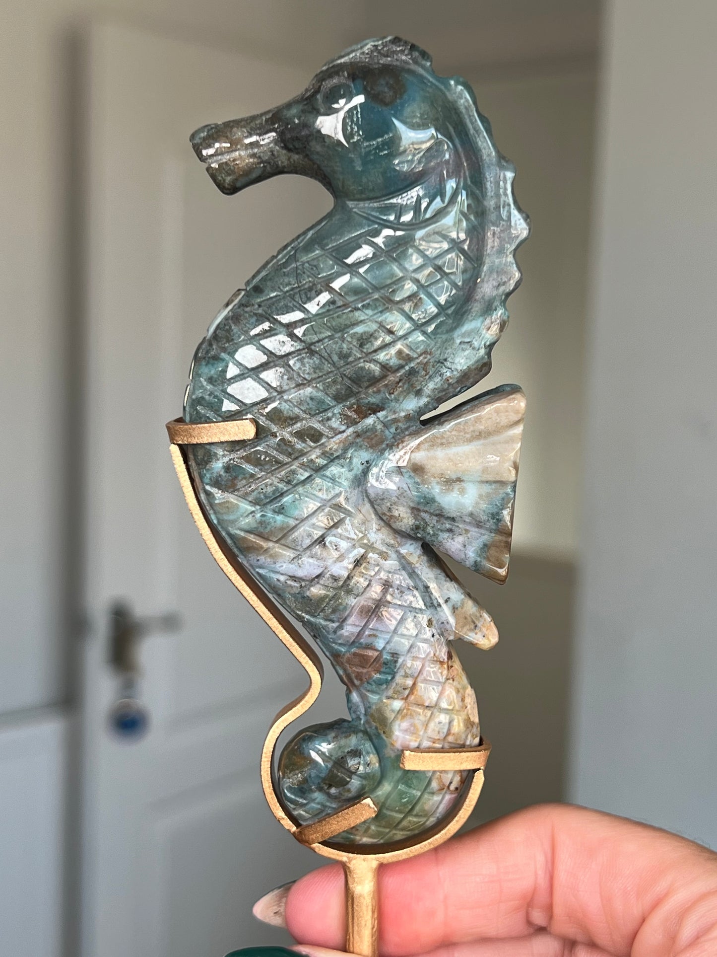 Ocean Jasper Seahorse On Gold Stand