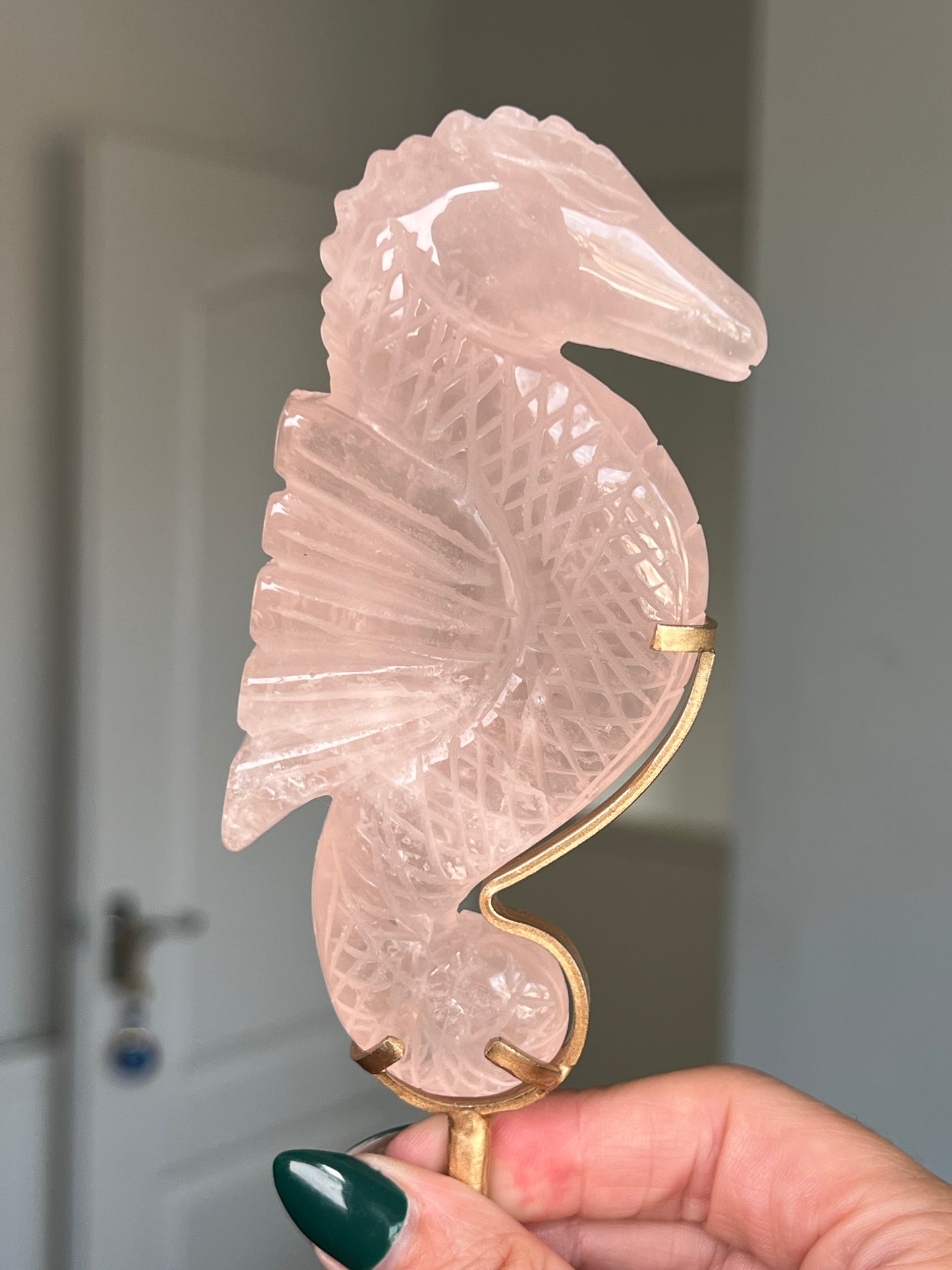 Rose Quartz Seahorse On Gold Stand