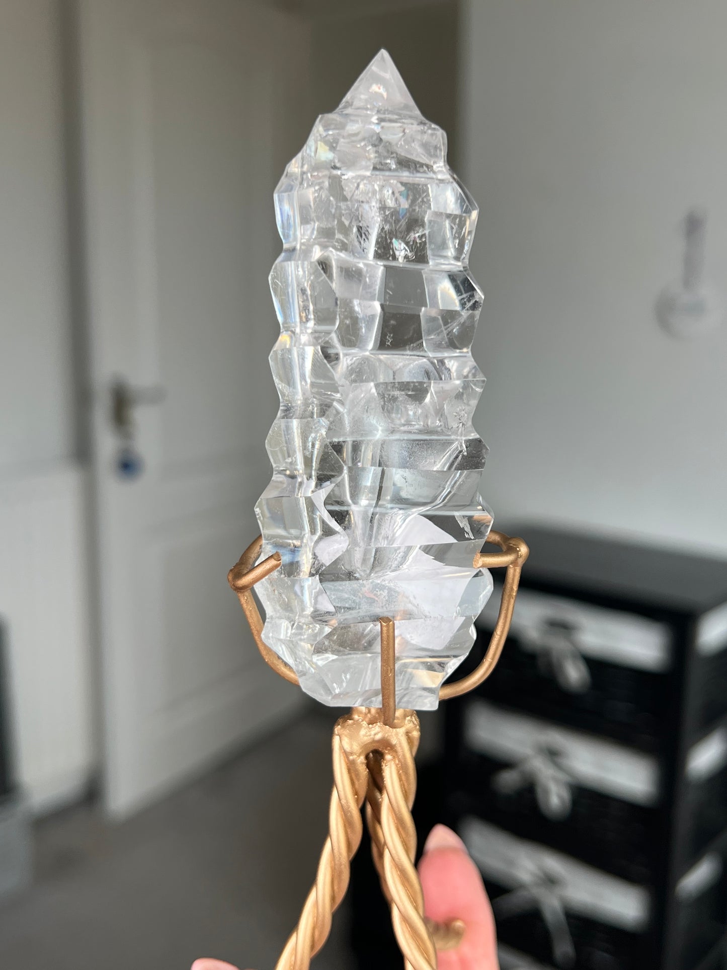 High Grade Brazilian Clear Quartz Sculpture On Gold Twisty Stand