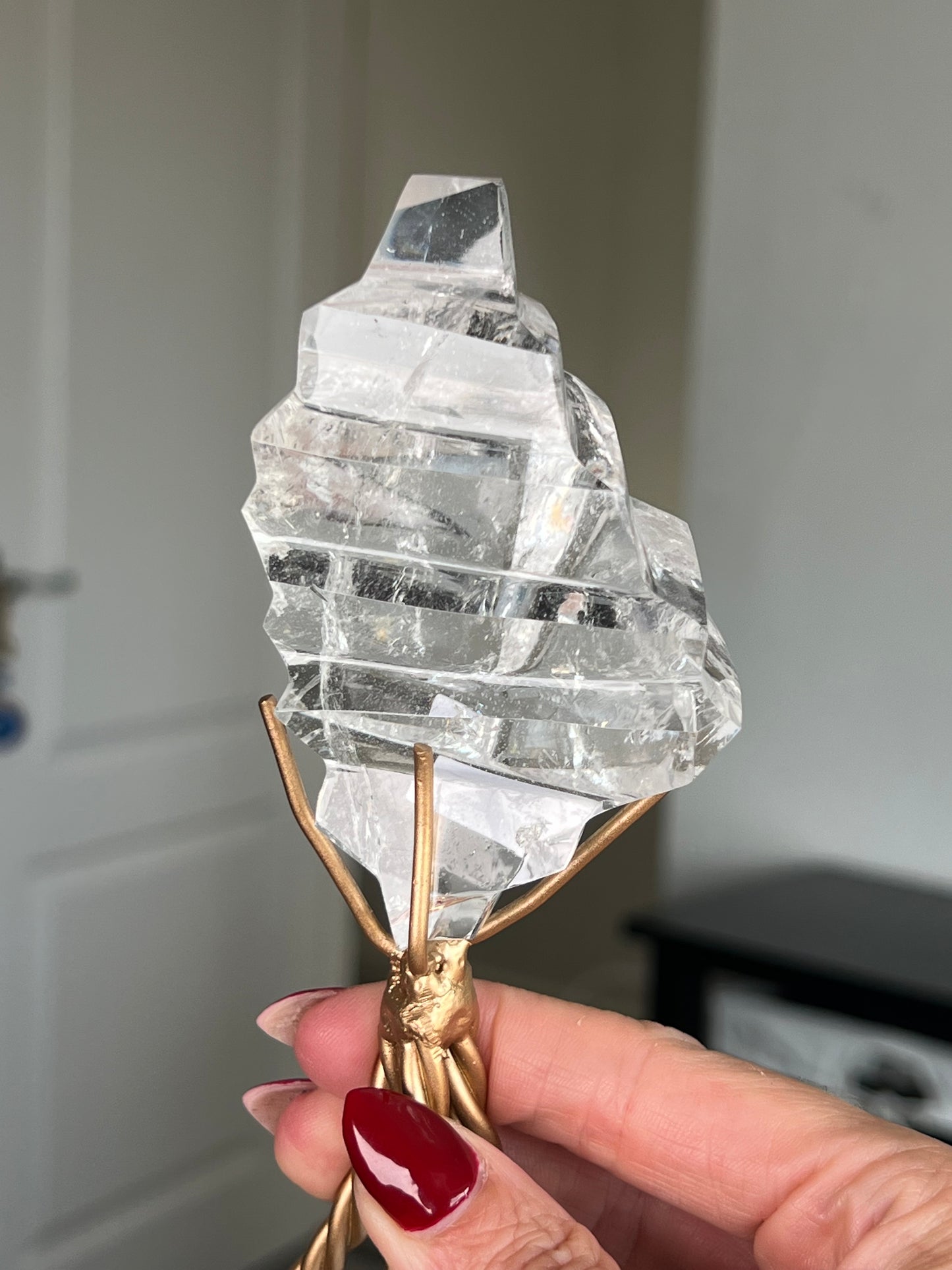 High Grade Brazilian Clear Quartz Sculpture On Gold Twisty Stand