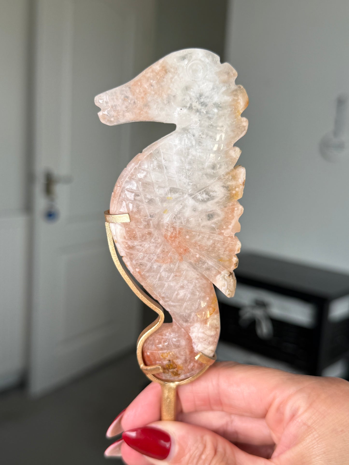 Flower Agate Seahorse On Gold Stand