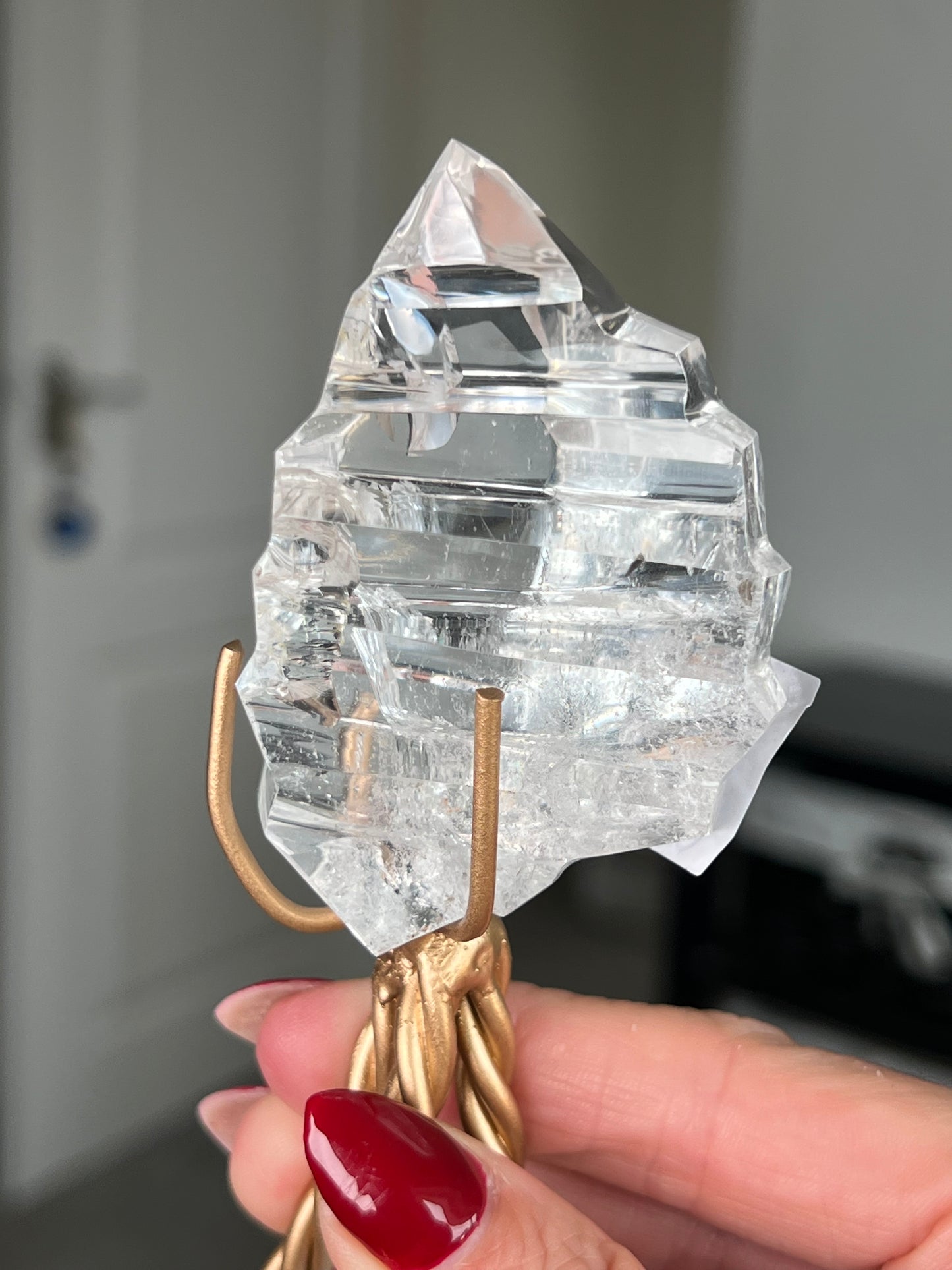 High Grade Brazilian Clear Quartz Sculpture On Gold Twisty Stand