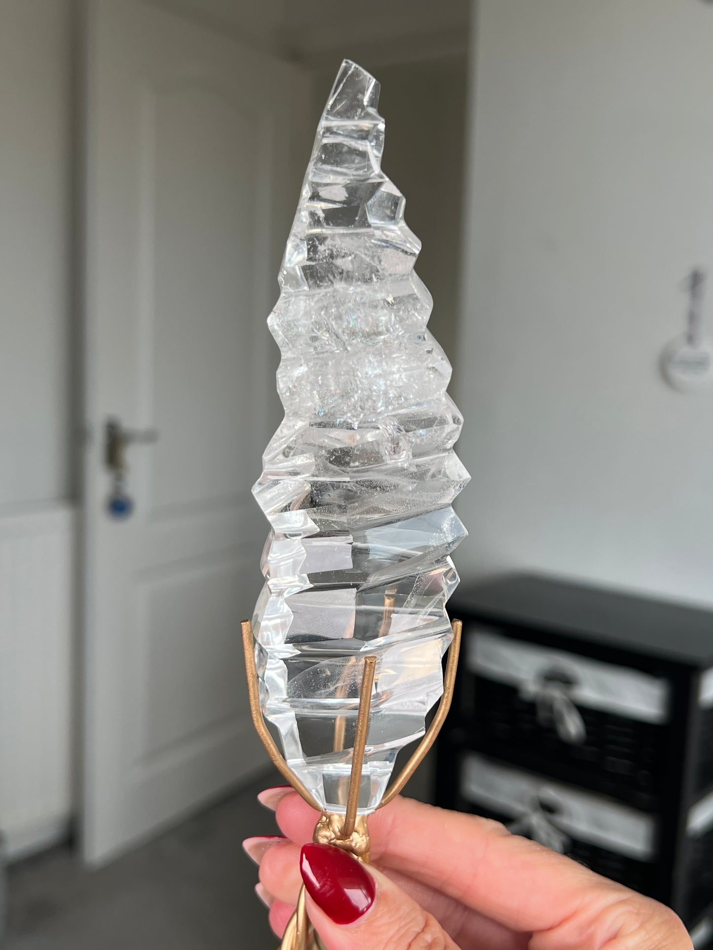 High Grade Brazilian Clear Quartz Sculpture On Gold Twisty Stand