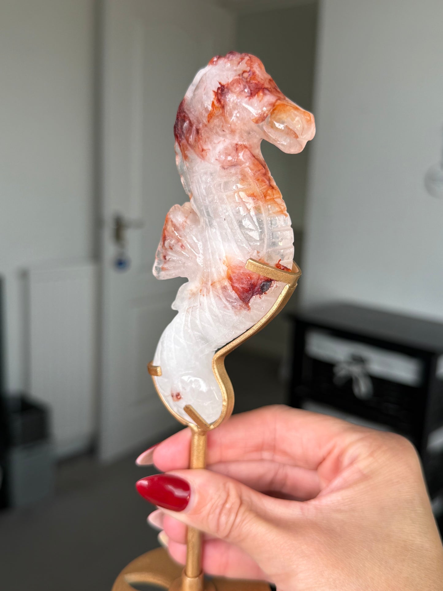 Fire Quartz Seahorse On Gold Stand