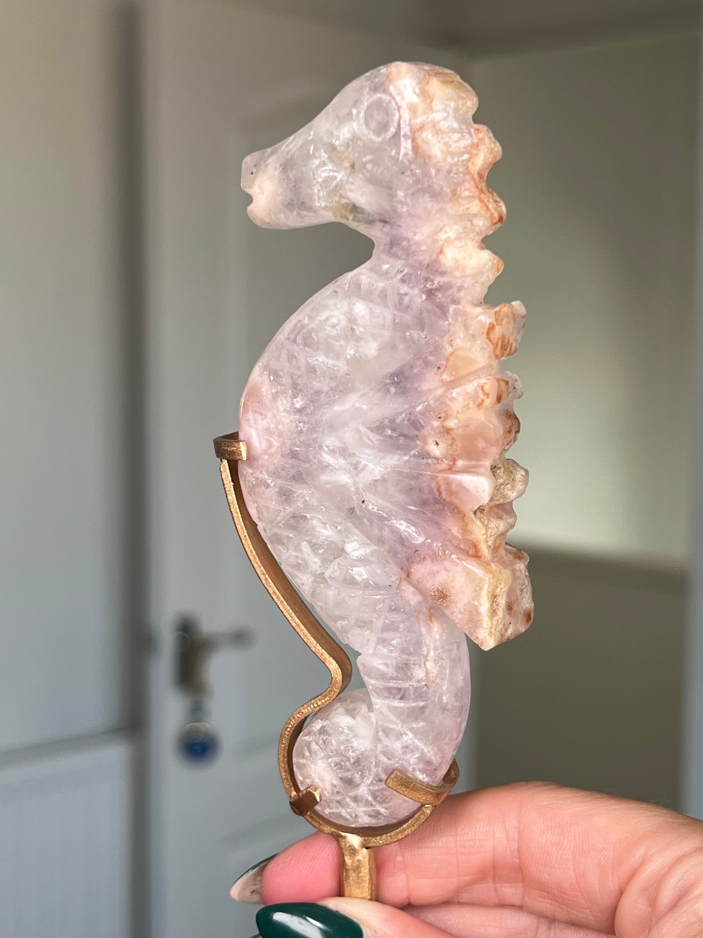 Flower Agate Seahorse On Gold Stand