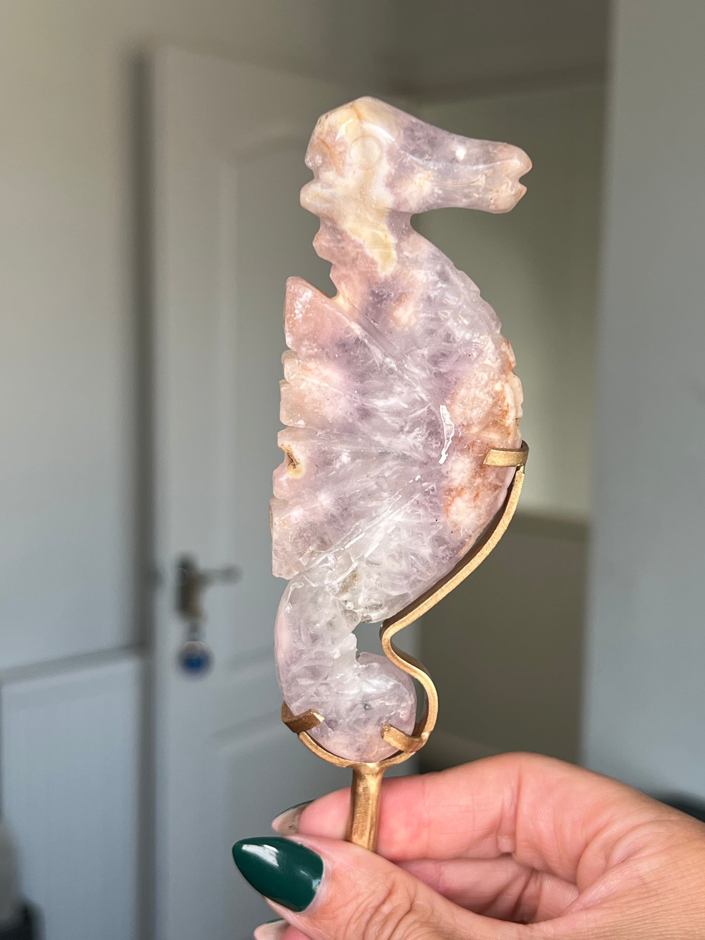 Flower Agate Seahorse On Gold Stand