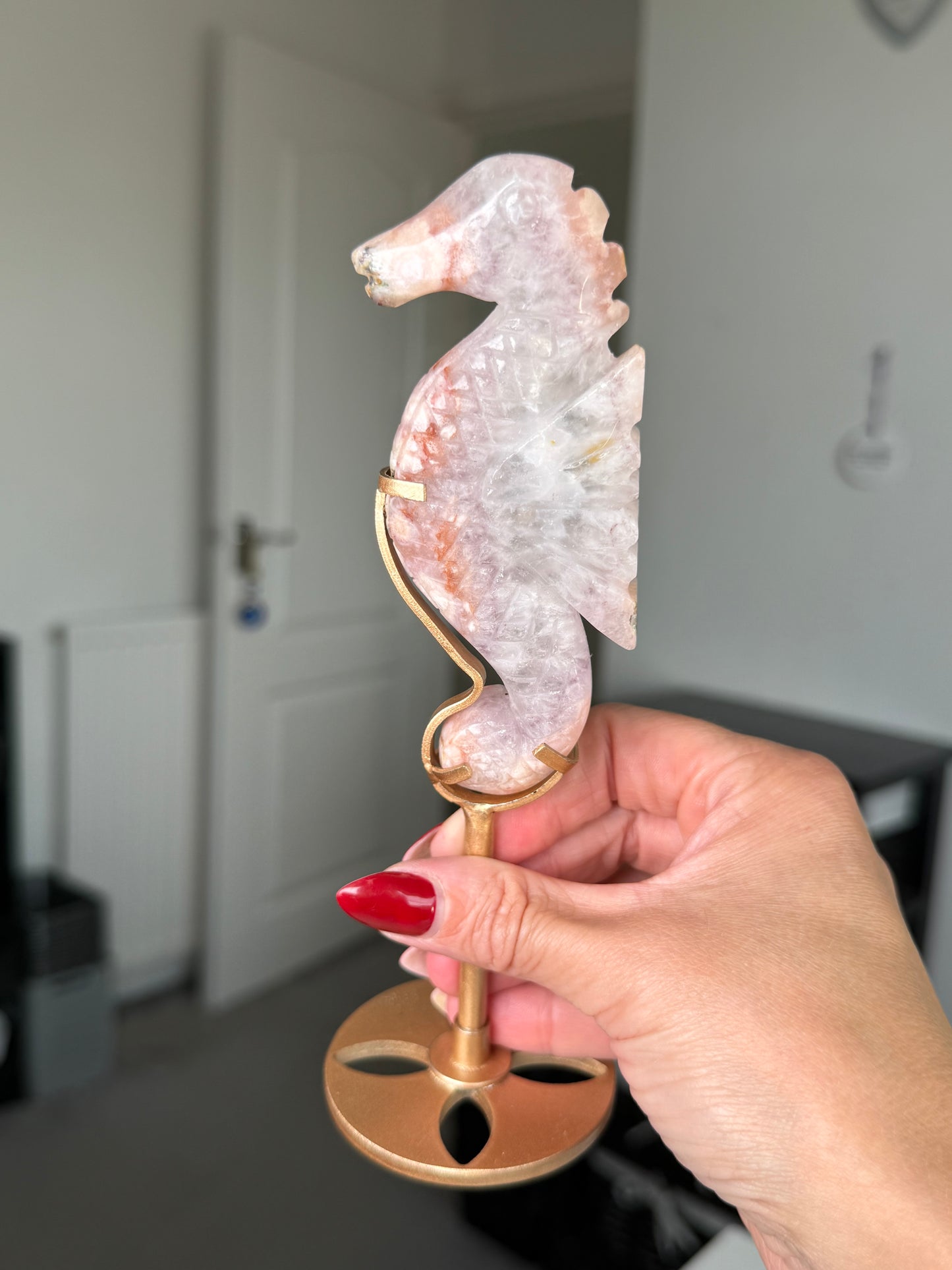 Flower Agate Seahorse On Gold Stand