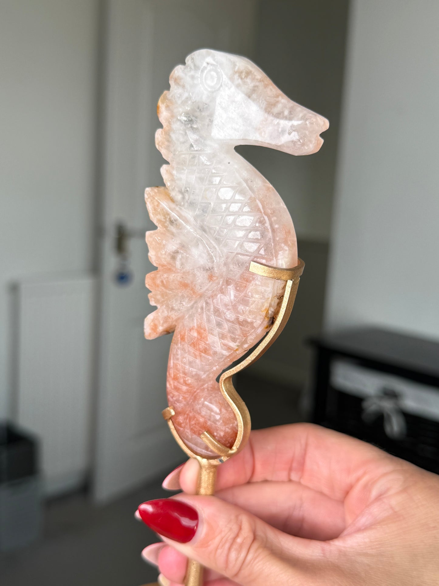 Flower Agate Seahorse On Gold Stand