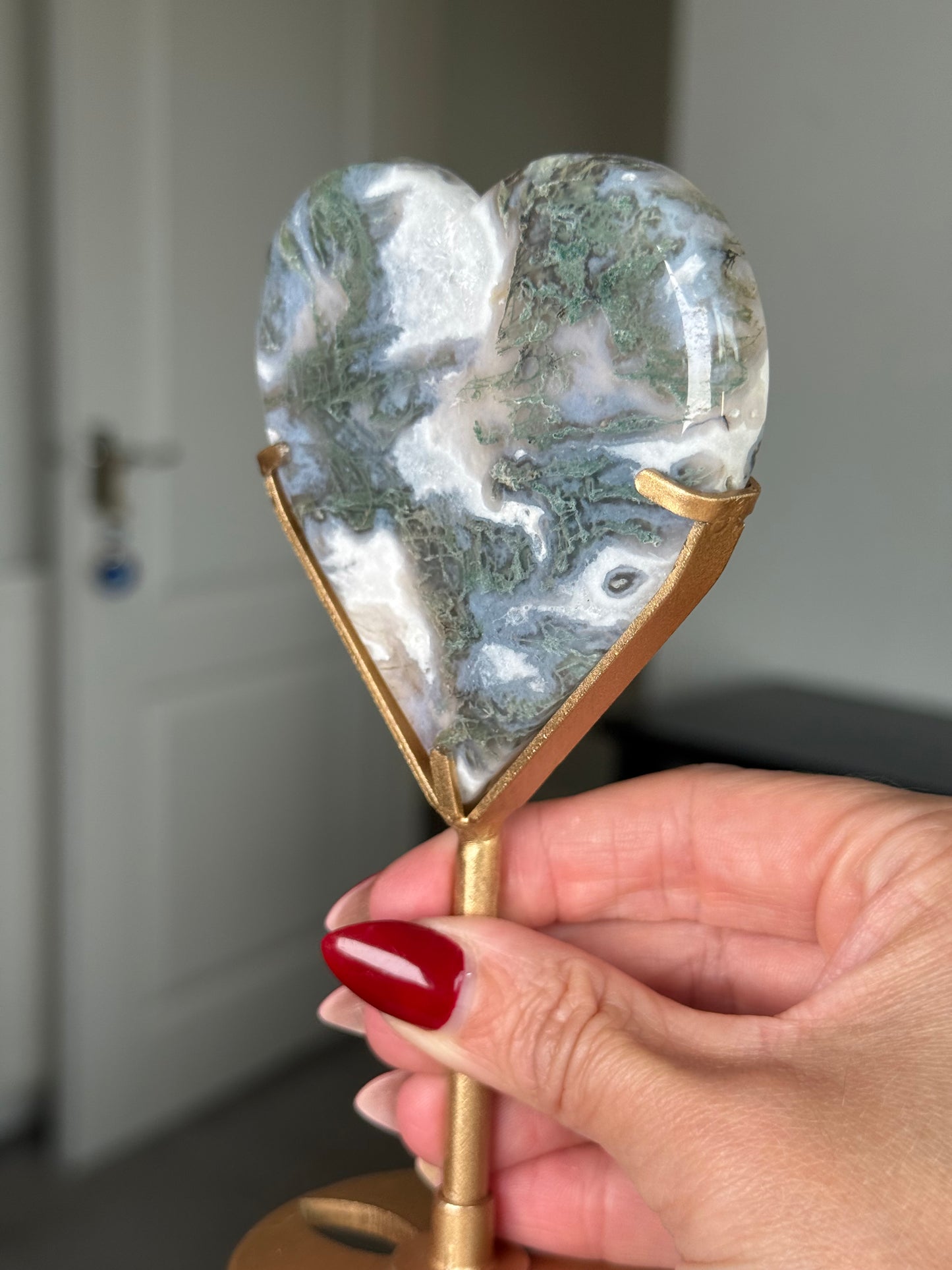 Moss Agate Heart On Gold Stand