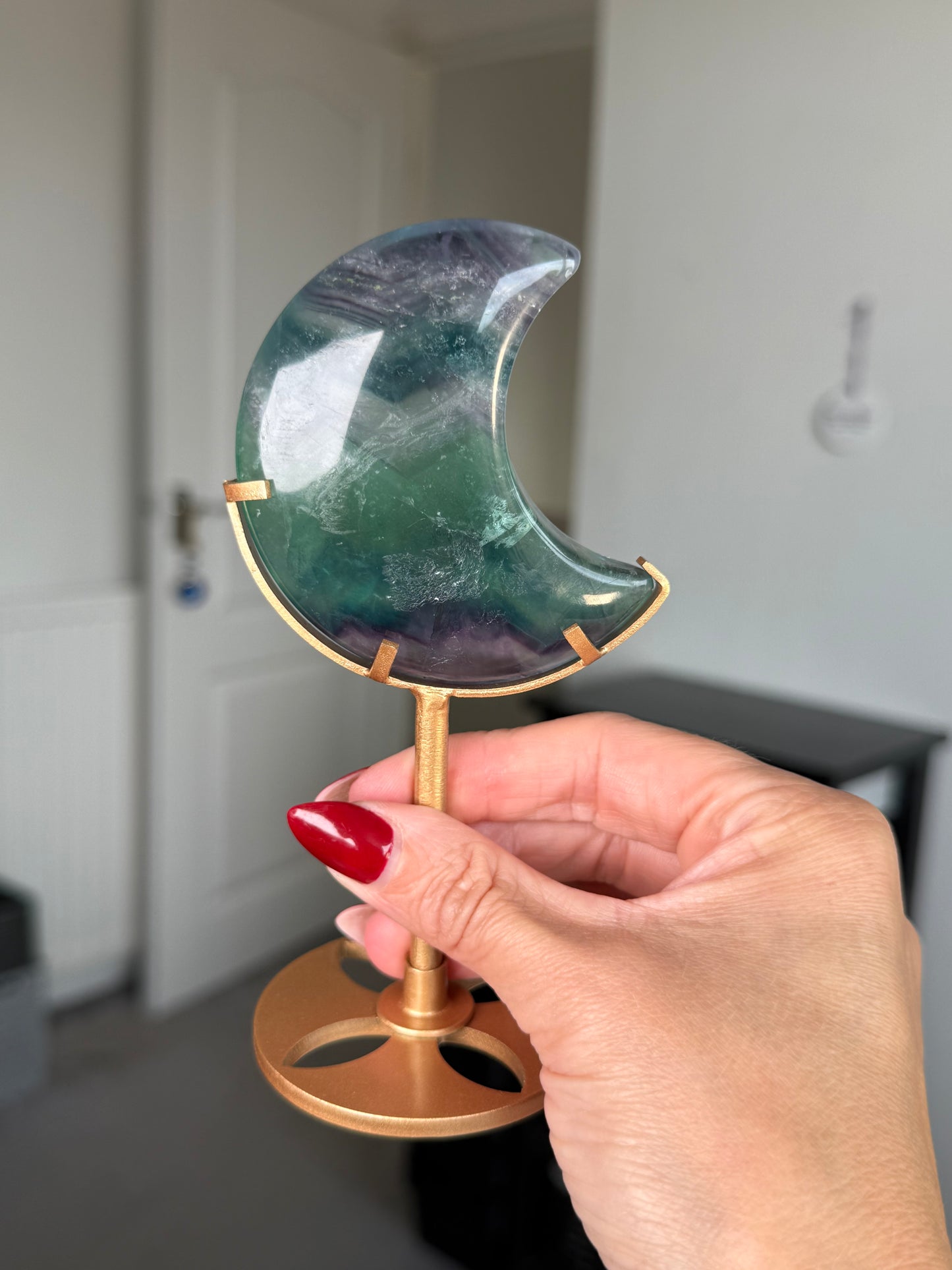 Fluorite Moon On Gold Stand