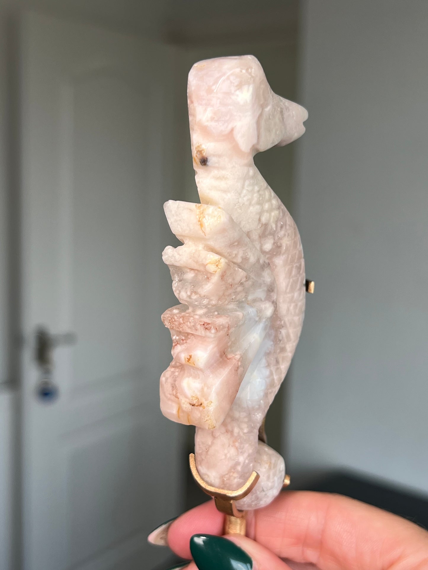 Flower Agate Seahorse On Gold Stand
