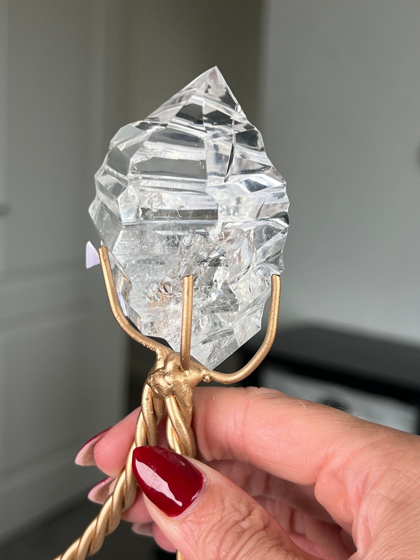 High Grade Brazilian Clear Quartz Sculpture On Gold Twisty Stand