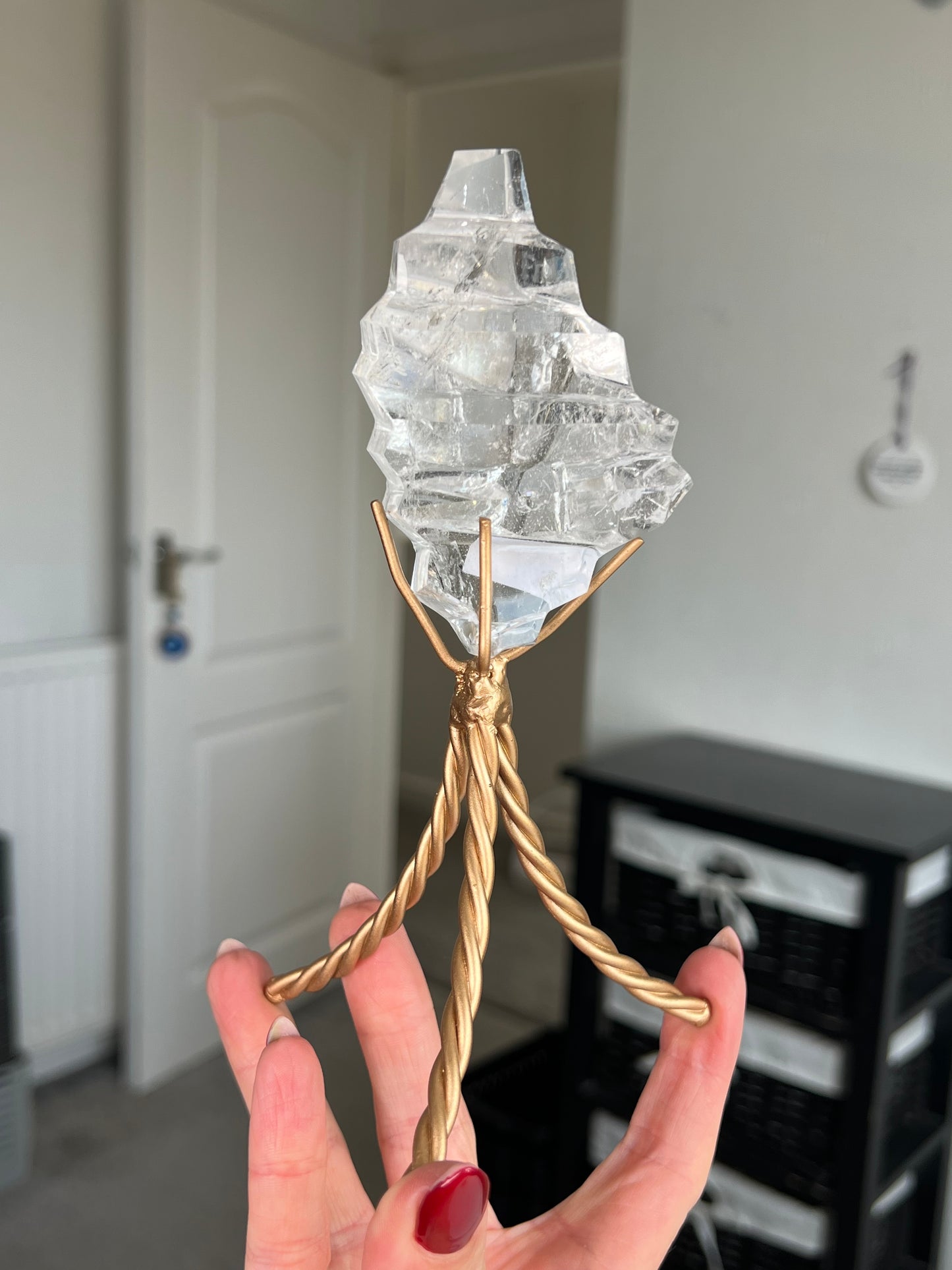 High Grade Brazilian Clear Quartz Sculpture On Gold Twisty Stand