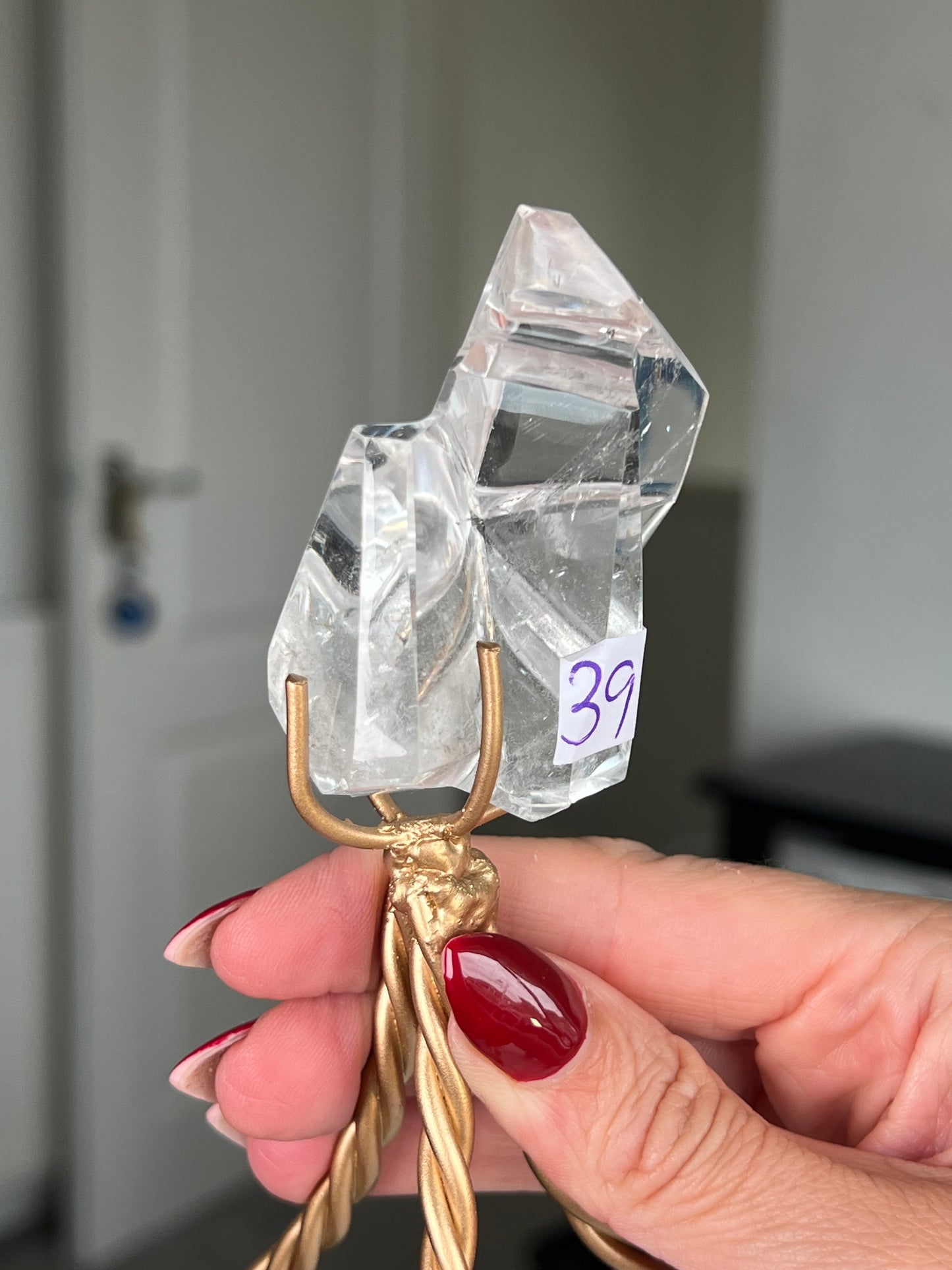 High Grade Brazilian Clear Quartz Sculpture On Gold Twisty Stand