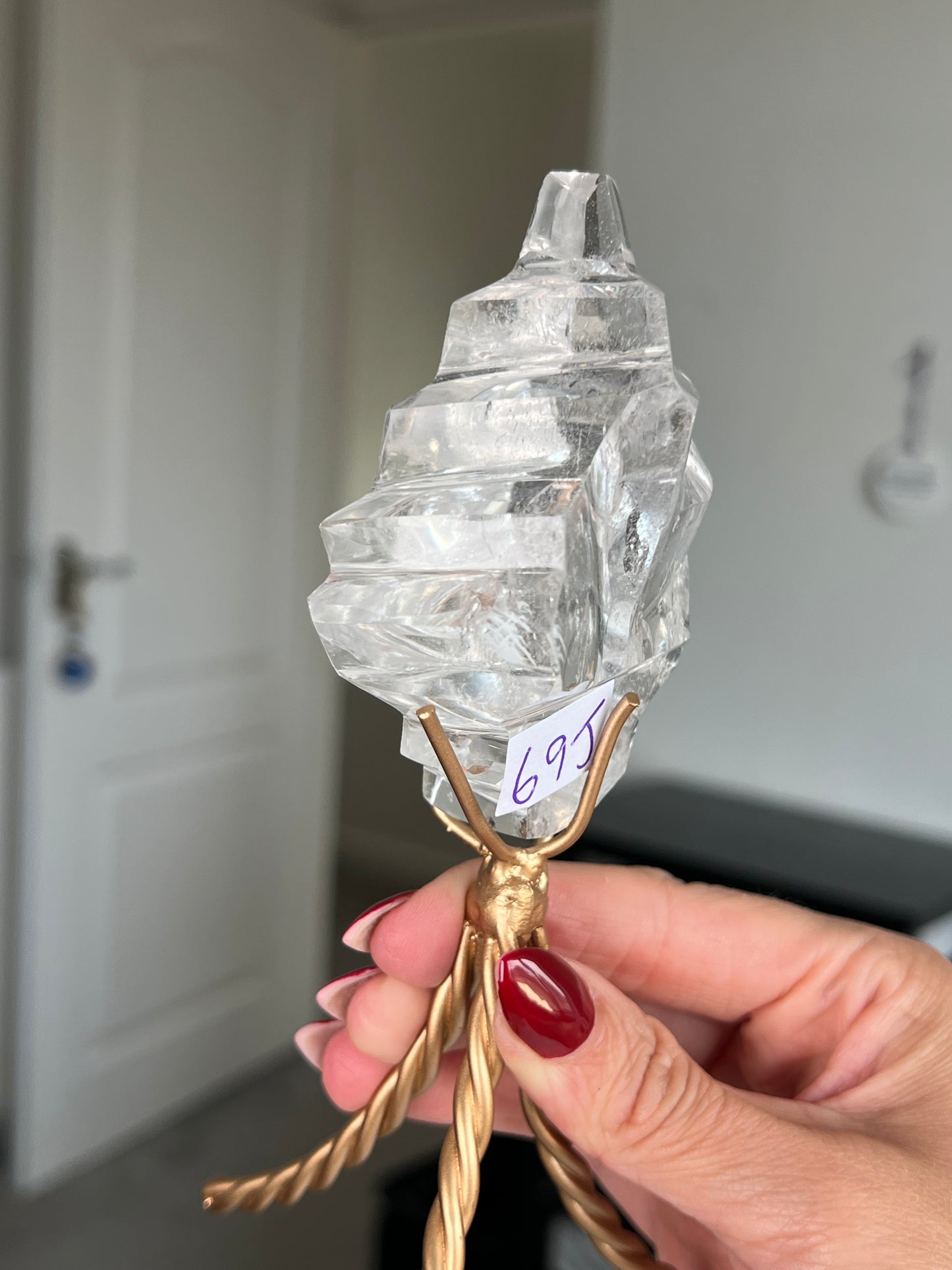 High Grade Brazilian Clear Quartz Sculpture On Gold Twisty Stand