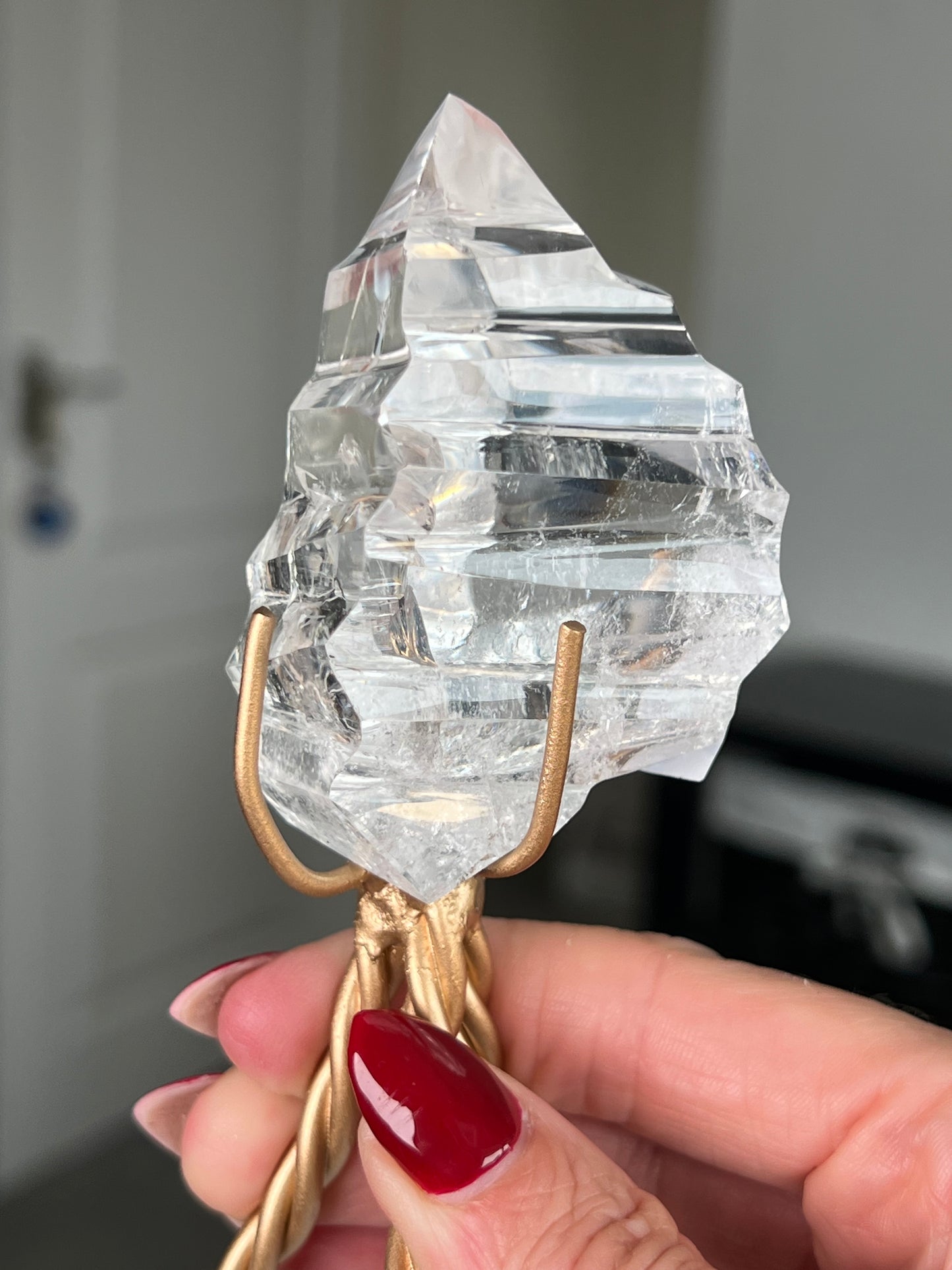 High Grade Brazilian Clear Quartz Sculpture On Gold Twisty Stand