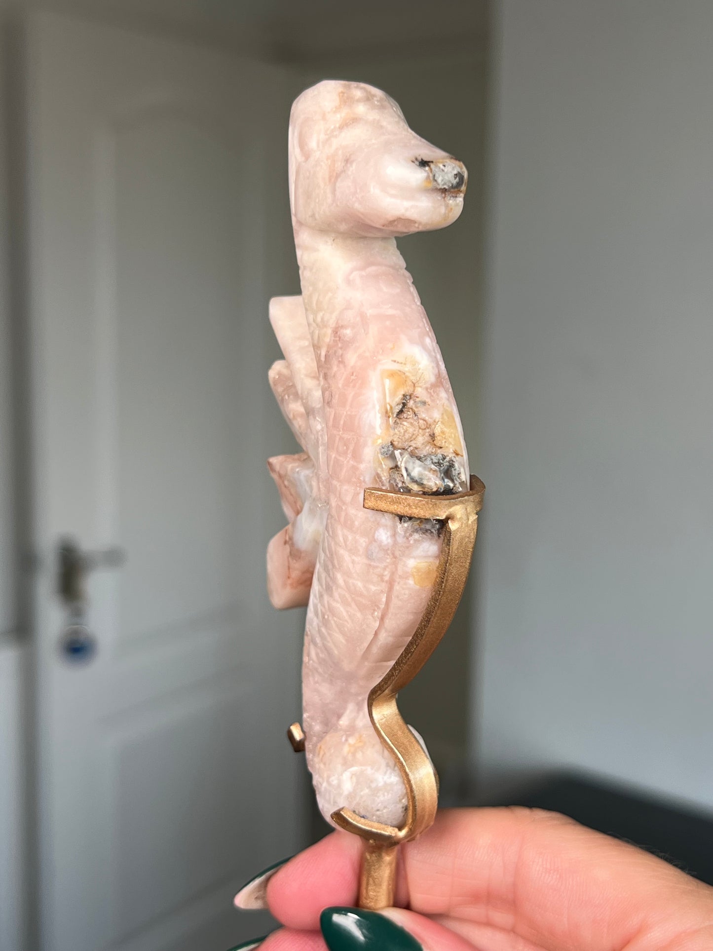 Flower Agate Seahorse On Gold Stand