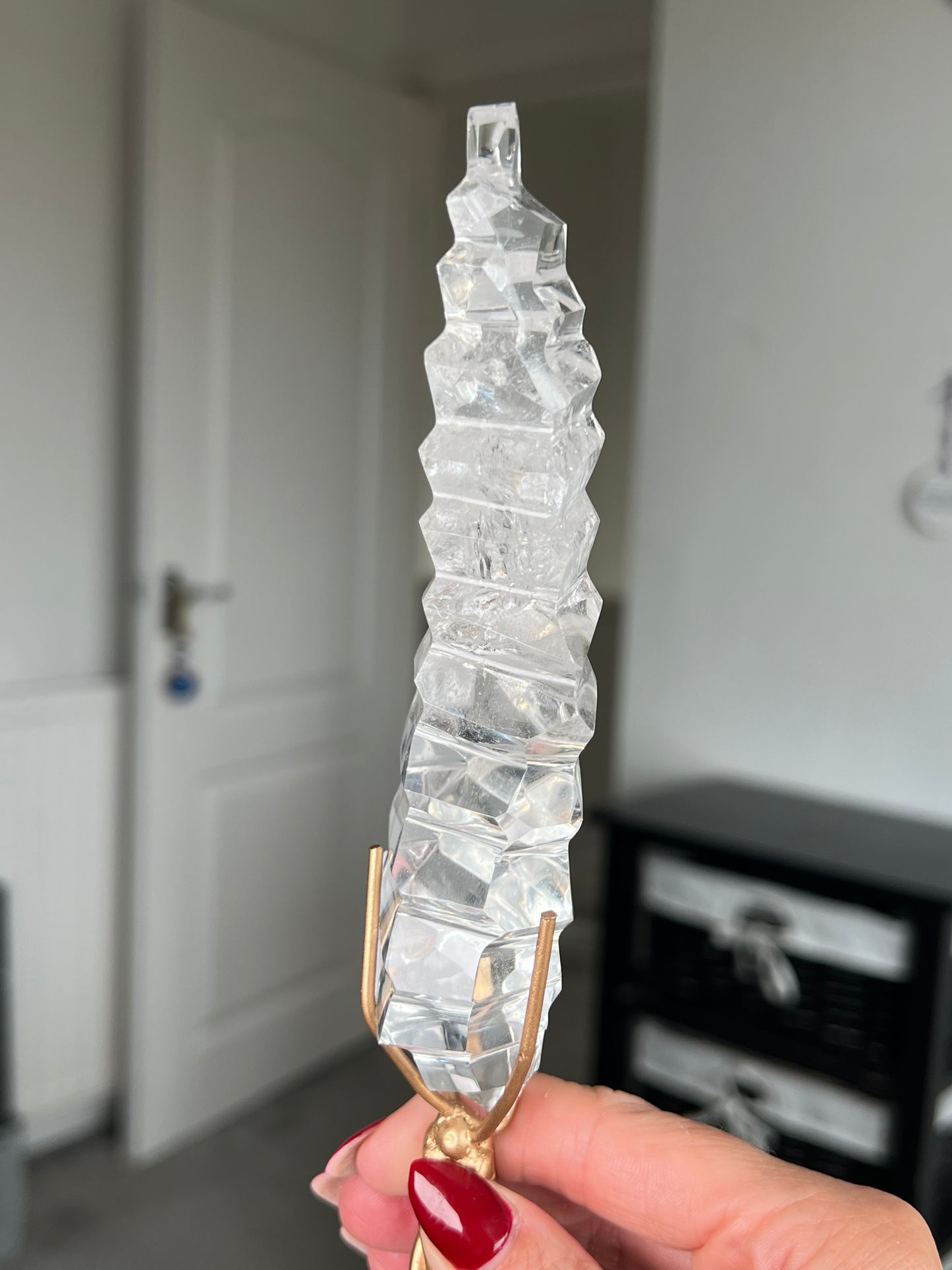 High Grade Brazilian Clear Quartz Sculpture On Gold Twisty Stand