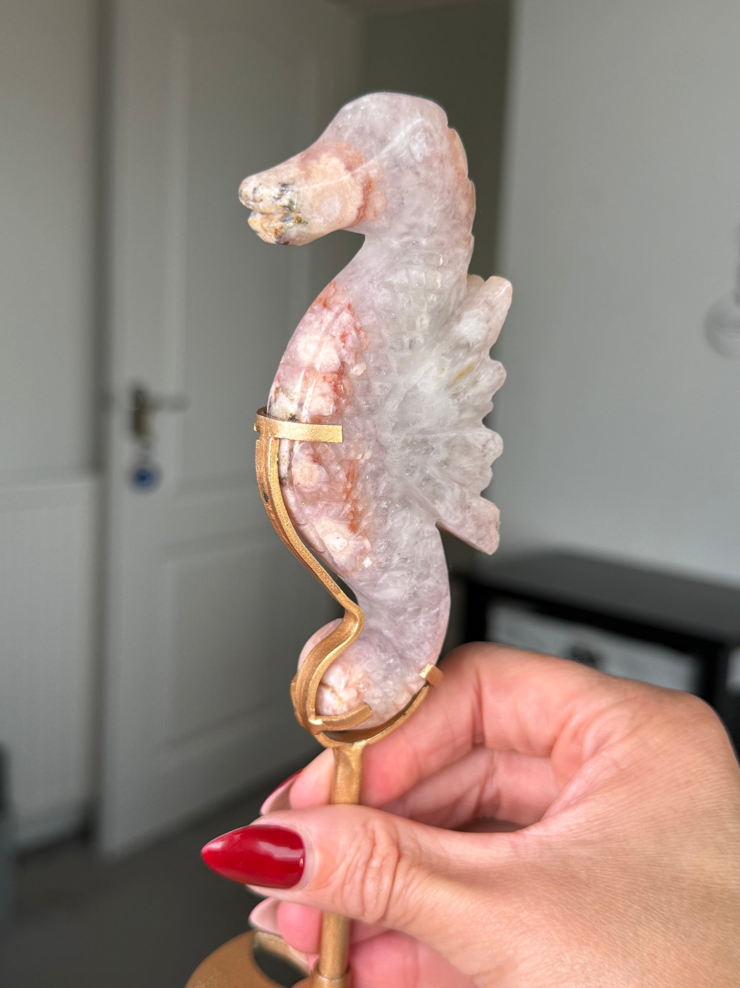 Flower Agate Seahorse On Gold Stand