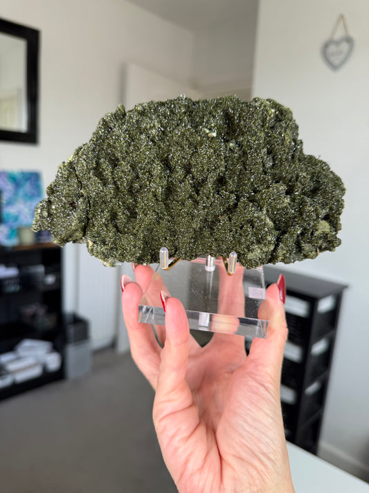 Large Epidote With Quartz Specimen With Stand