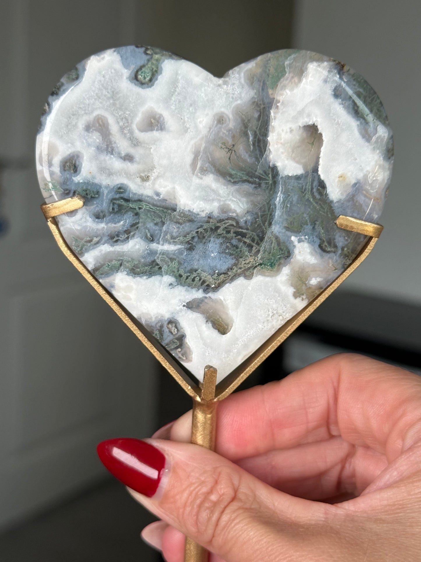 Moss Agate Heart On Gold Stand