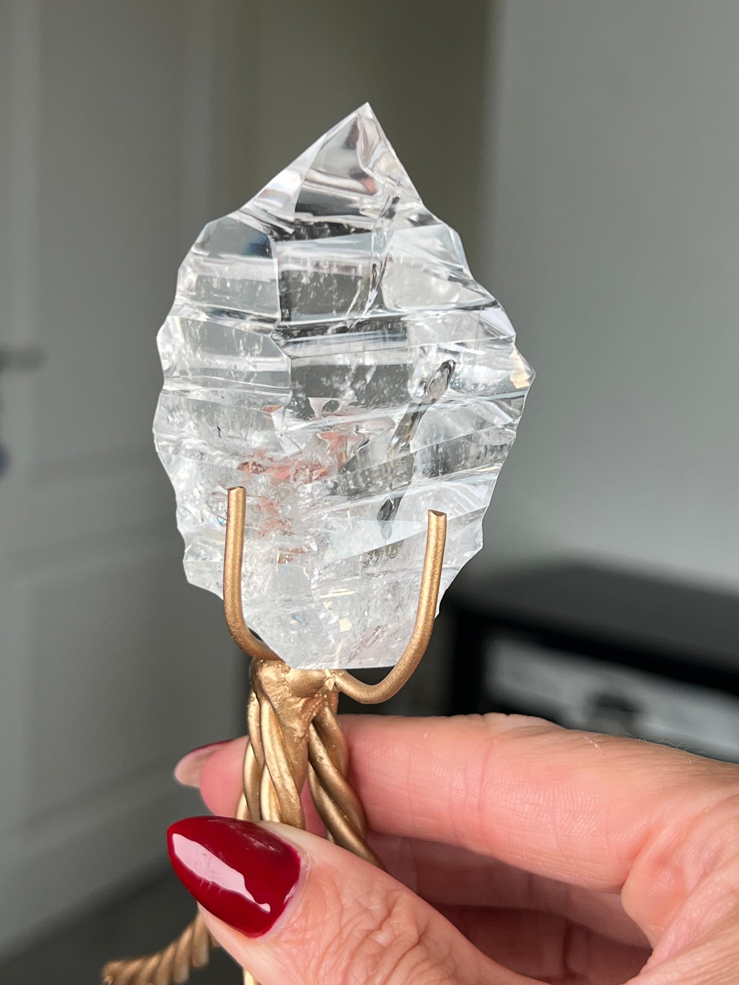High Grade Brazilian Clear Quartz Sculpture On Gold Twisty Stand